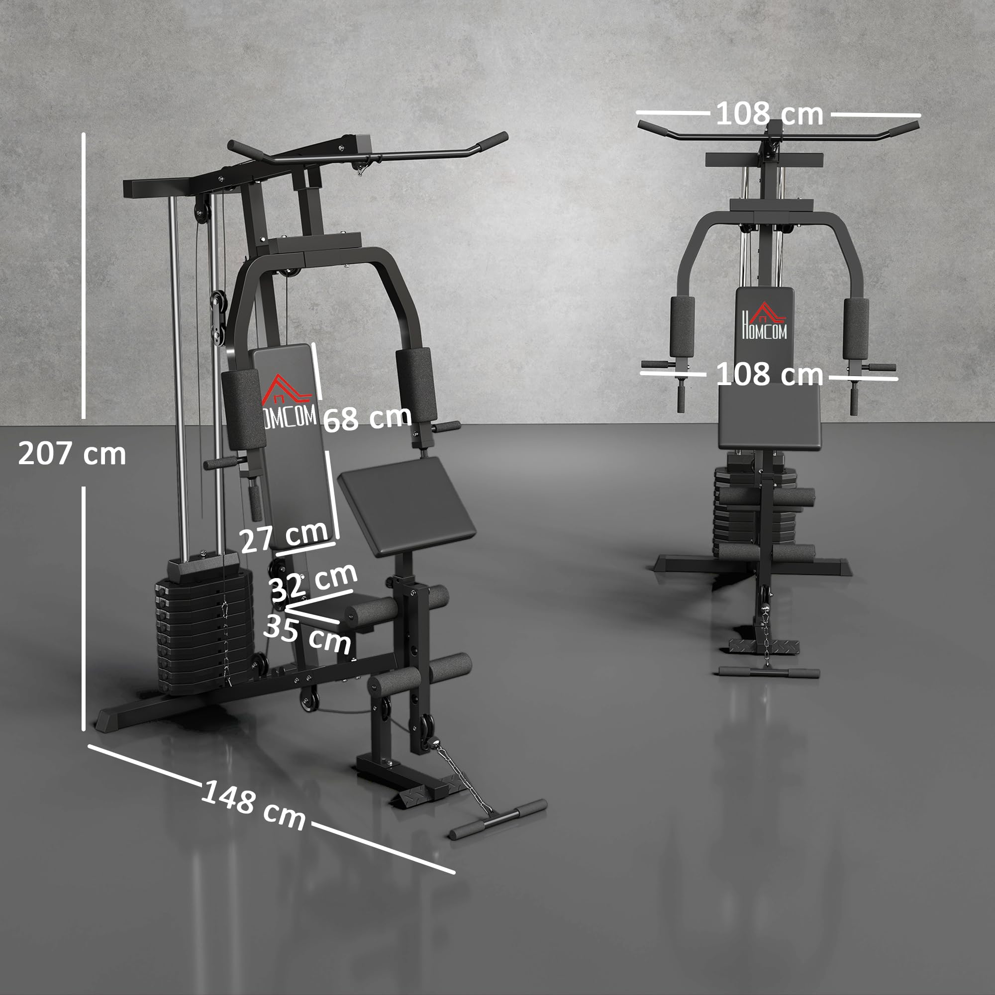 HOMCOM Kraftstation für Zuhause Fitnessstation mit Latzuggerät, Kabelzug, kurzer Bizepsstange, Brustpresse, Beintrainer, Butterfly-Maschine 45kg Gewichten Multifunktion Fitnessstation Schwarz