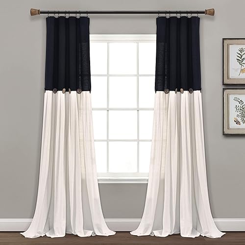 Lush Decor - Cortinas de lino con botones de estilo granja, panel individual, diseño plisado de dos tonos de 40 pulgadas de ancho x 108 pulgadas de
