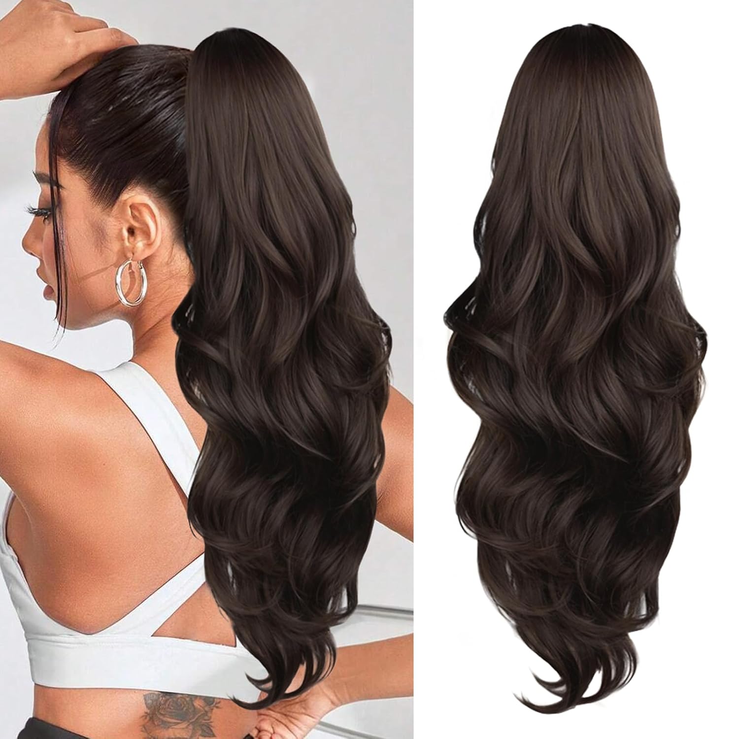 Ponytail Extension, 26 Inch Drawstring Ponytail Extension for Women Long Wavy Pony Tails Hair Extensions Synthetic Clip in Ponytail Hairpiece for Women(Brown) 26 Inch Brown