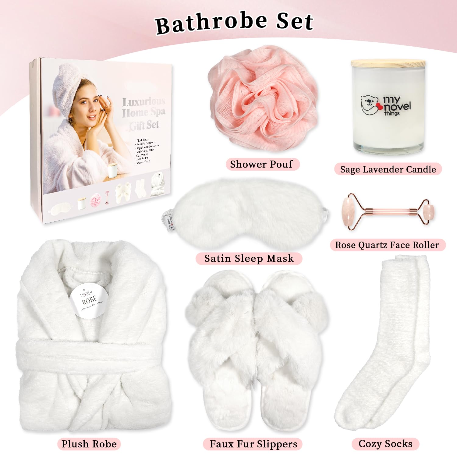 my novel things Birthday Gifts for Women, Bathrobe Set, Spa Robe and Slippers set with Scented Candle Self Care 7 Pack for Christmas Thanksgiven Valentine's Day Gift Unique for Her Mother Mom Girl
