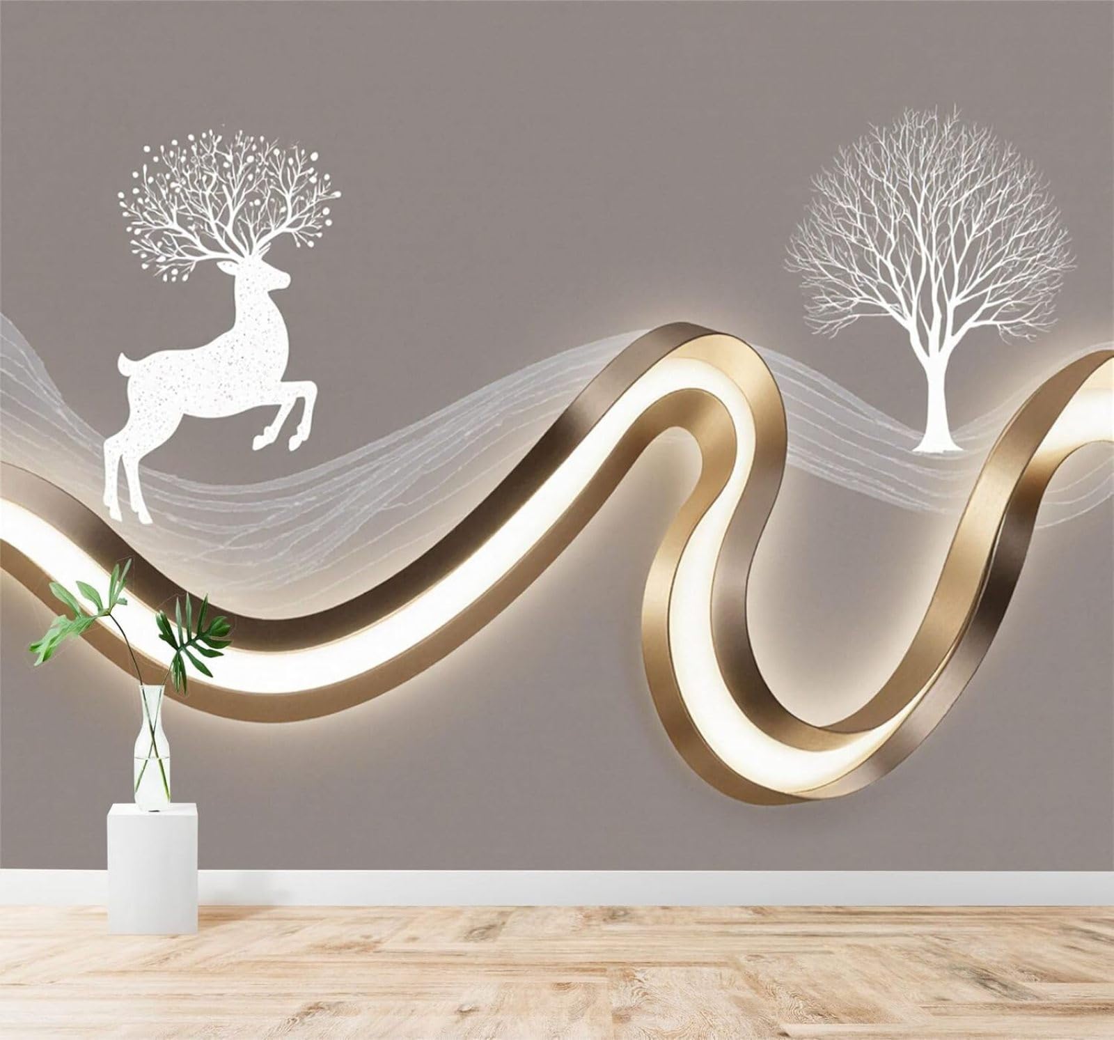 XLMING Minimalist White Deer Trees Creative Wave Lamp 3D Wallpaper Silky Texture Home Study Office Grey Dining Room Sofa Bedroom Living Room TV Backdrop-200cm×140cm