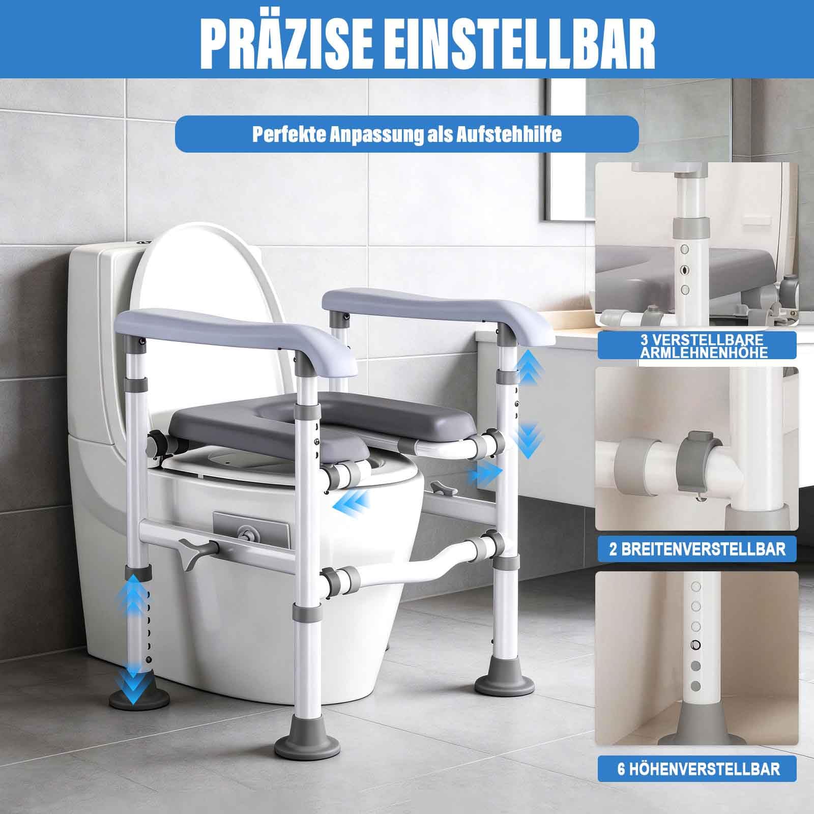 NJUN Toilettenerhöhung mit Unabhängig Verstellbare Armlehnenhöhe, 4-in-1 WC Sitzerhohung für Senioren bis 200 kg, Verstellbare Höhe & Breite Toilettenstuhl mit Gepolstertem Sitz und Abnehmbarem Eimer