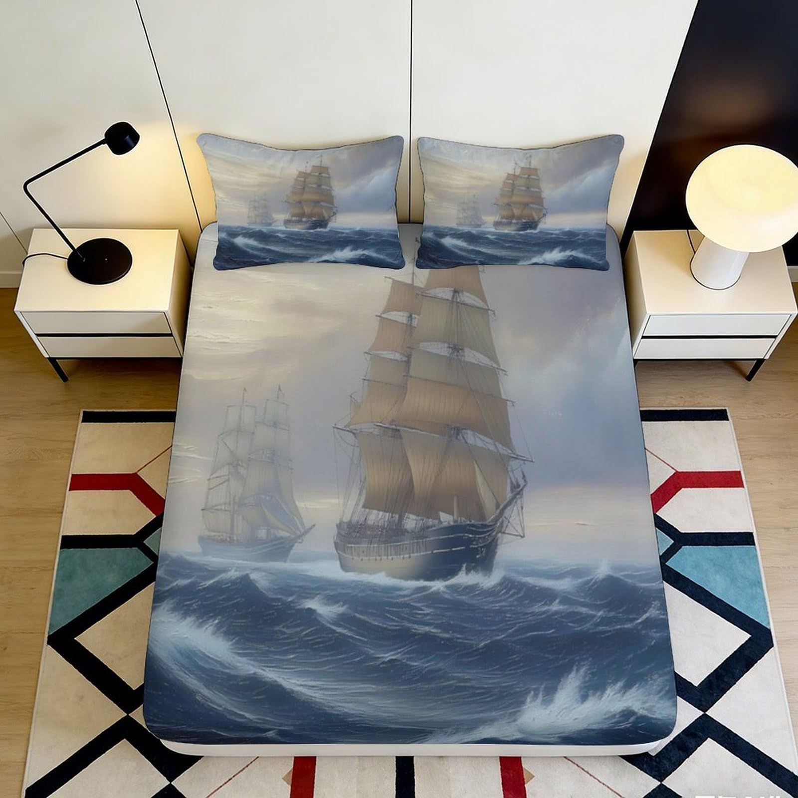 3D Printed Sailing Ship Fitted Sheet Microfiber Nautical Ocean Mattress Cover for Bedroom Guest Room Easy Care Decor 90x200x25cm