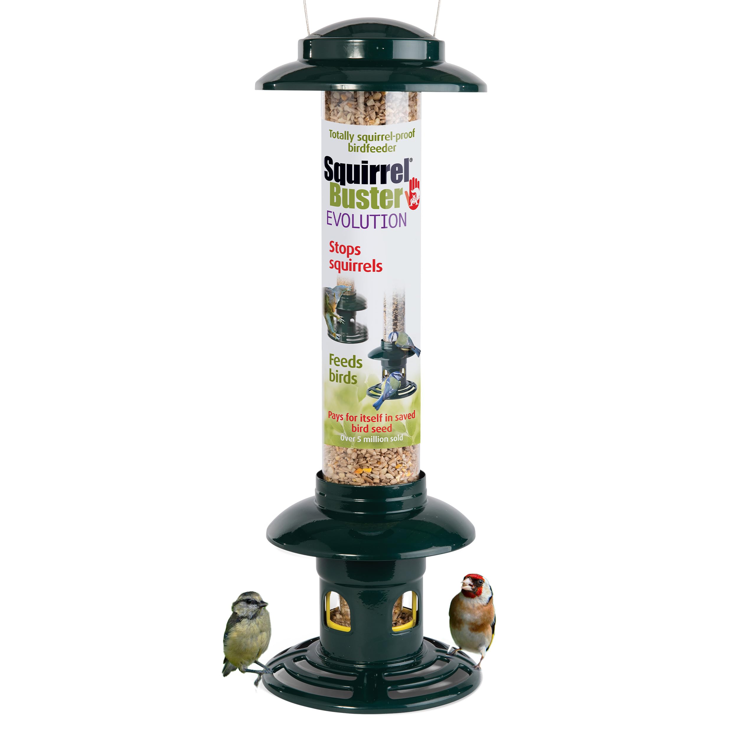 Squirrel Proof Bird Feeder for Seeds - Jacobi Jayne® Squirrel Buster® Evolution – Metal Hanging Station for Garden Birds – Easy to Clean, Pigeon Resistant, Wild Bird Feeding Station