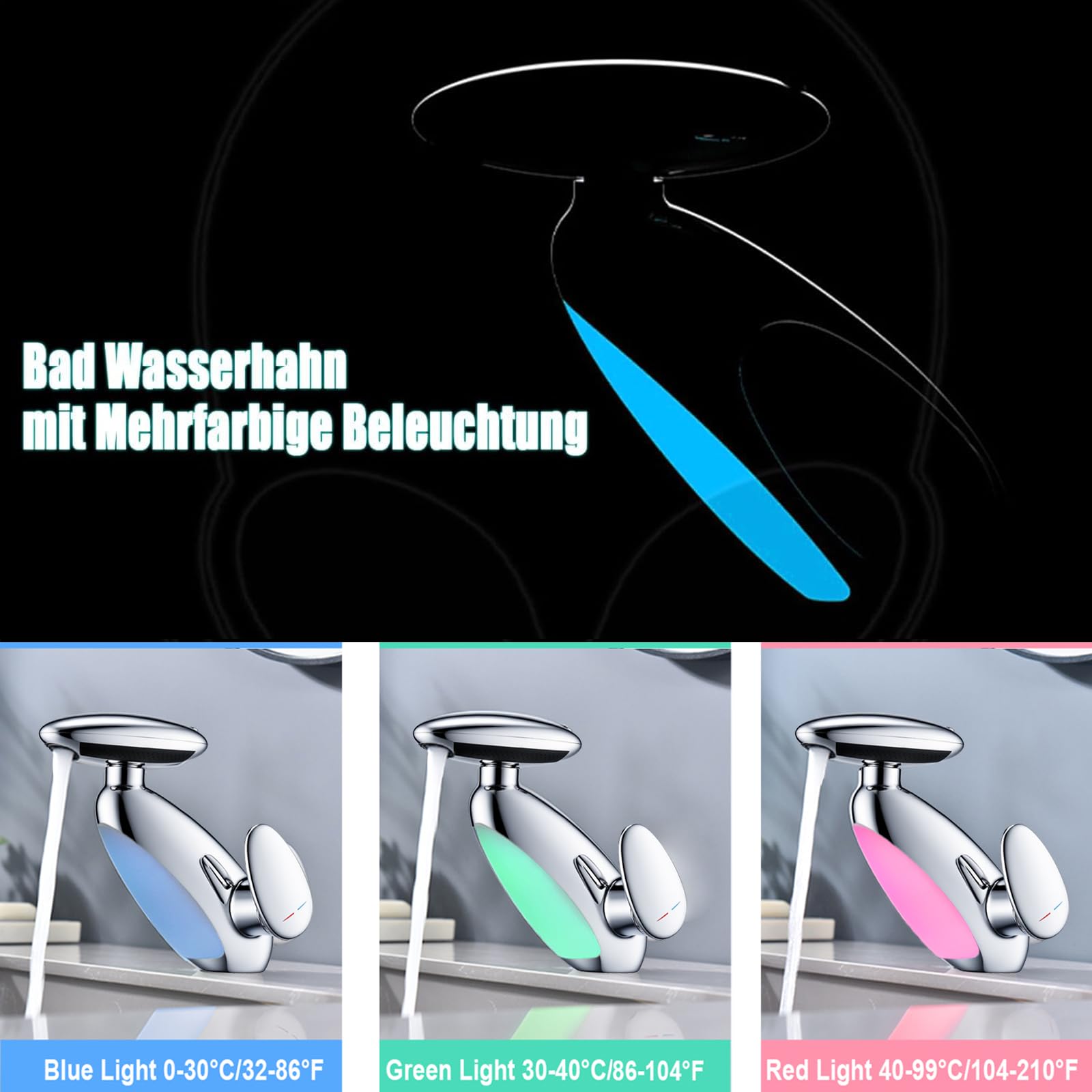 Rubinetto per lavabo a LED con doccia estraibile, rubinetto per bagno a cascata 4 in 1 moderno, miscelatore per bagno a LED monoforo, rubinetto per lavabo,Cromo