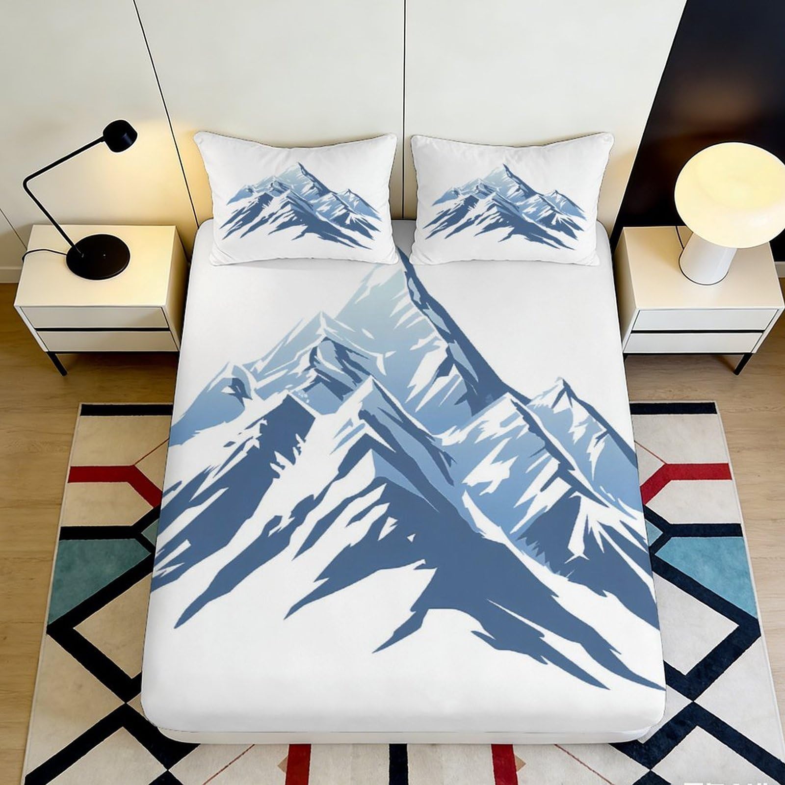 3D Printed Mountain Design Fitted Sheet Microfiber Soft Breathable Snow Peak Bed Cover for Bedroom Dormitory Guest Room Mattress Protection 140x200x25cm