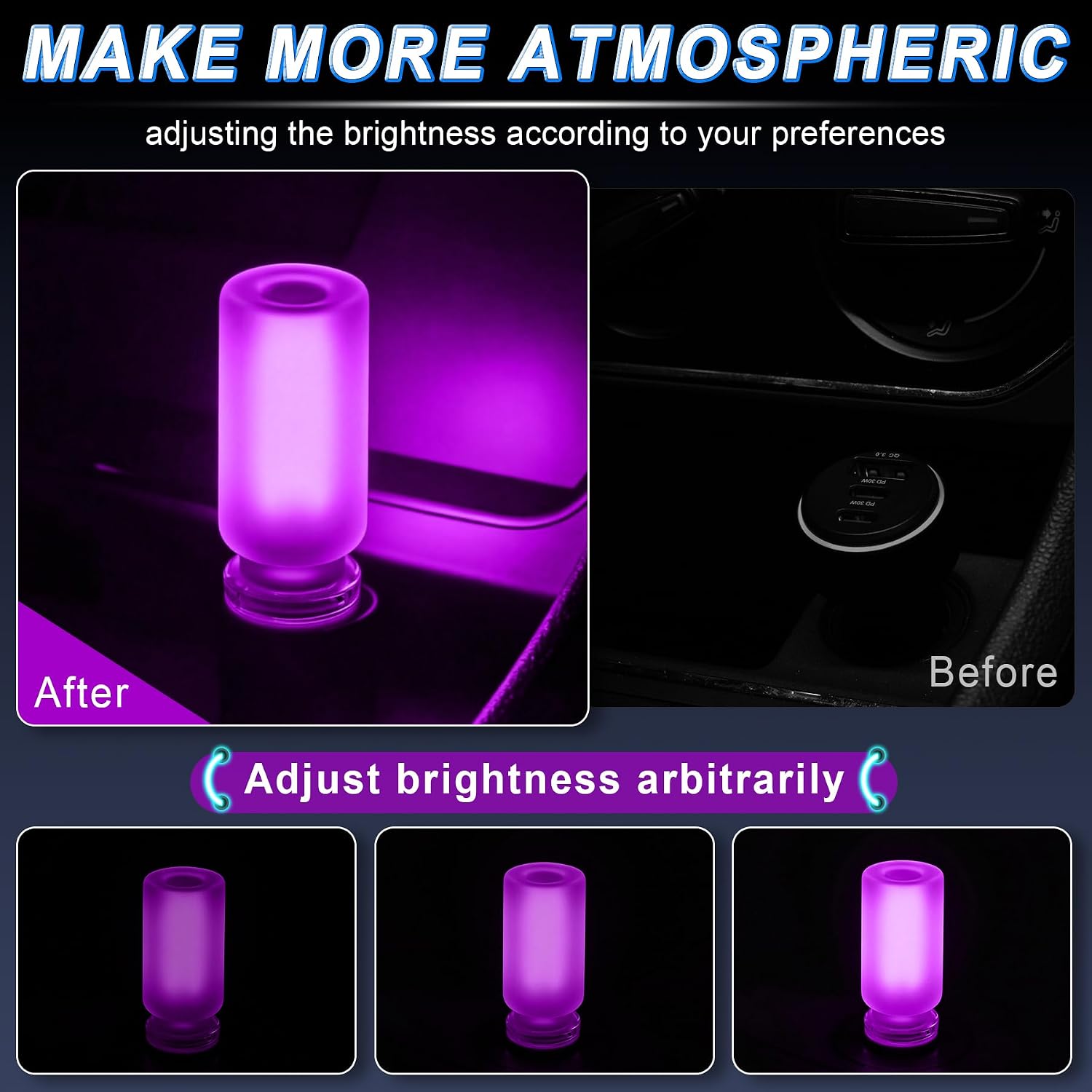 iFunyLED Car Interior USB LED Night Light, Portable Touch dimmable Car Ambient Lighting Kit, Retro Mini Frosted Glass Bottle Lamp Decorations for Vehicle Camping Bedroom Hallway, Pack of 2(Purple) image 2