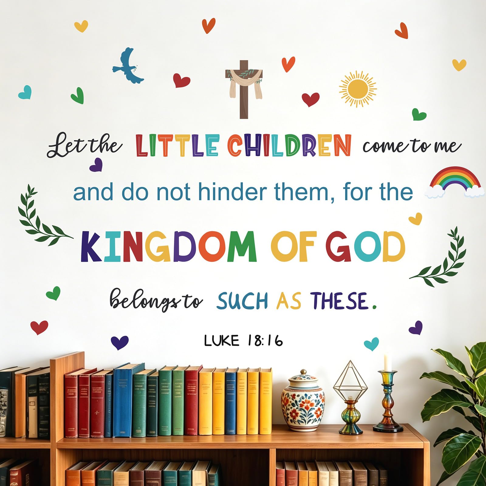 KAIRNE Luke 18:16 Bible Verse Cross Rainbow Peel Stick Kids Room Wall Decal