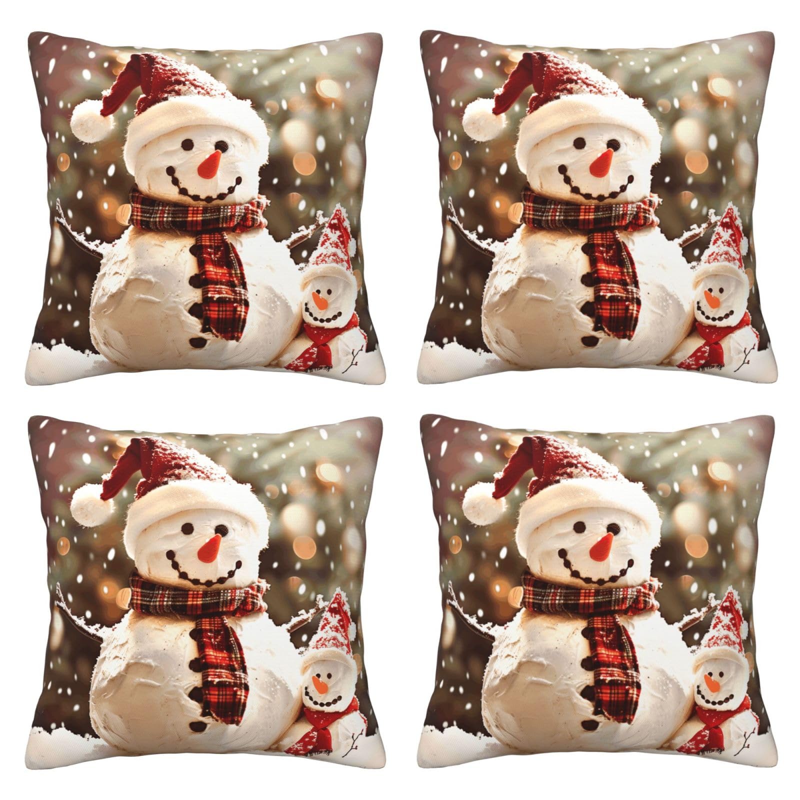 Merry Christmas Cute Snowman Throw Pillow Cases 4 Pack Square Pillowcases Super Soft Pillow Protectors With Zipper for Couch Livingroom Sofa Bed Office Car,30x30 CM