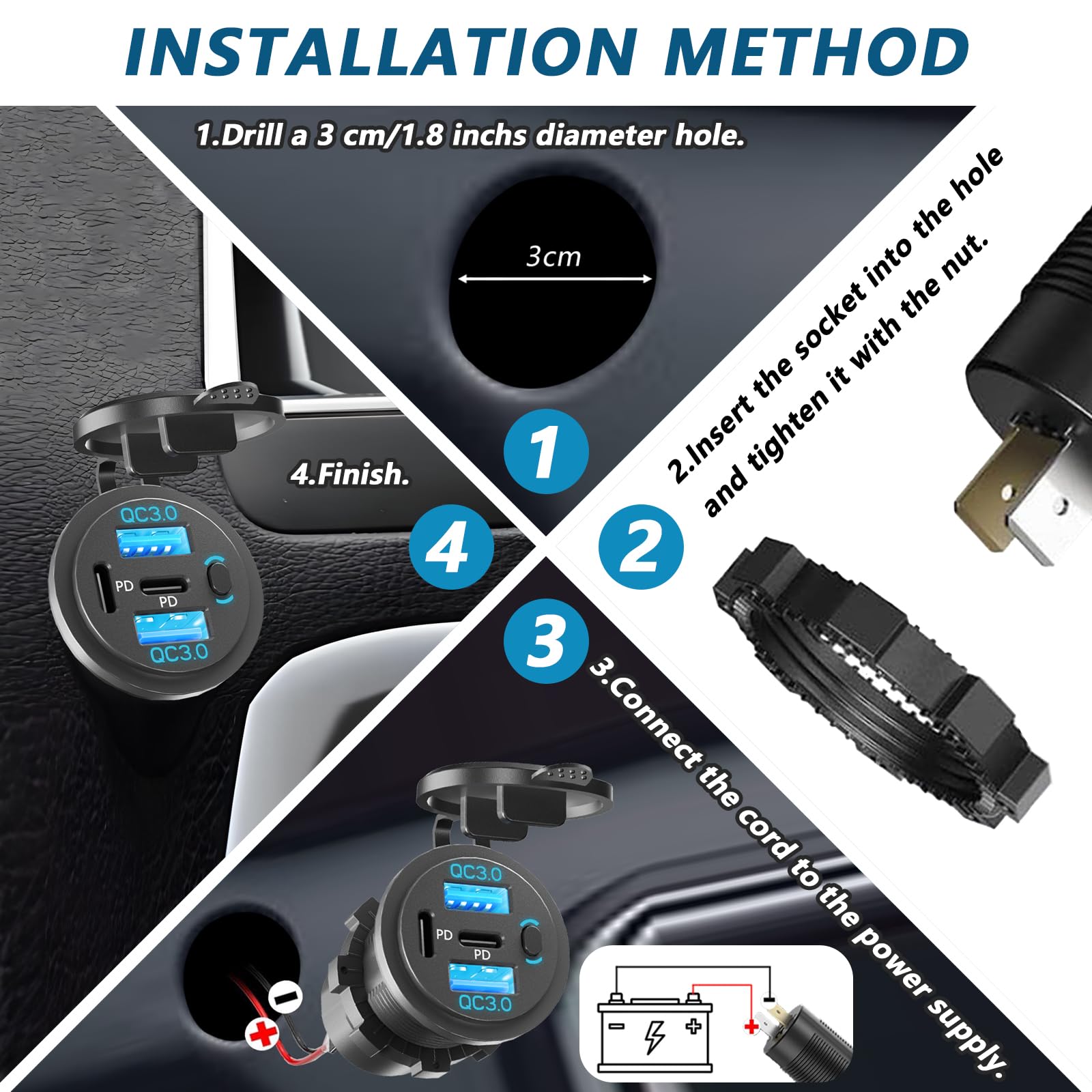 Puertos USB C duales PD y puertos USB 3.0 de carga rápida duales, salida USB de 12 V con interruptor, enchufe de cargador de coche impermeable de aleación de aluminio, accesorios para coche, barco,