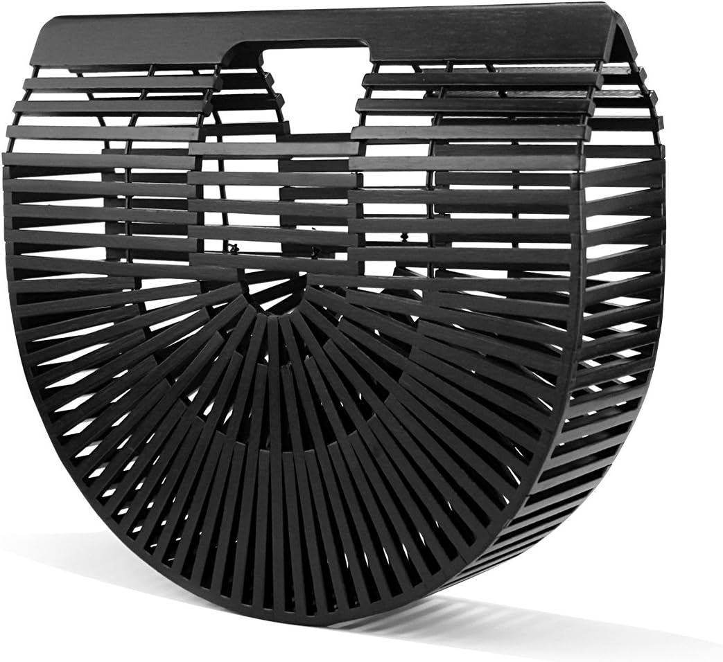 Evedaily Womens Bamboo Handbag Handmade Semicircle Summer Beach Totes (Black, S)