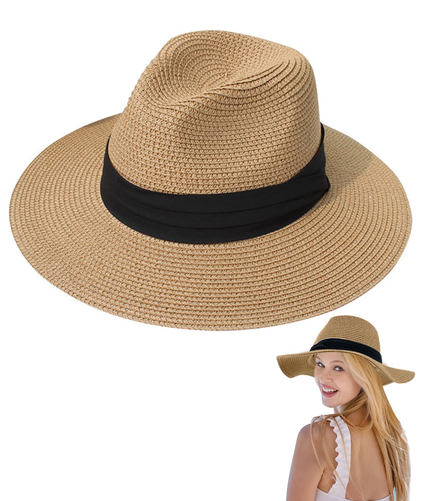 Yutdeng Sombrero de Panamá Mujeres Sombreros de Paja Transpirable Sombrero de Plegable de Viaje Hombre Sombrero de Verano Sombrero de Playa Fedora Sombrero de ala Ancha