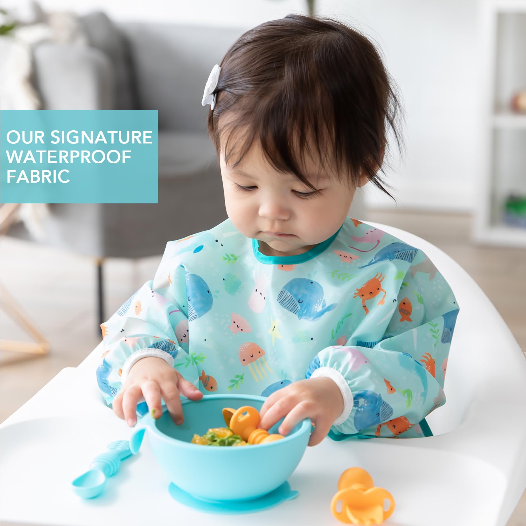 Bumkins SuperBibs Lätzchen mit Ärmeln, für Jungen und Mädchen, Babys und Kleinkinder von 6–24 Monaten, leicht, langlebig, wasserdicht, mit Fangtasche, waschbar und maschinenwaschbar, Ocean Life