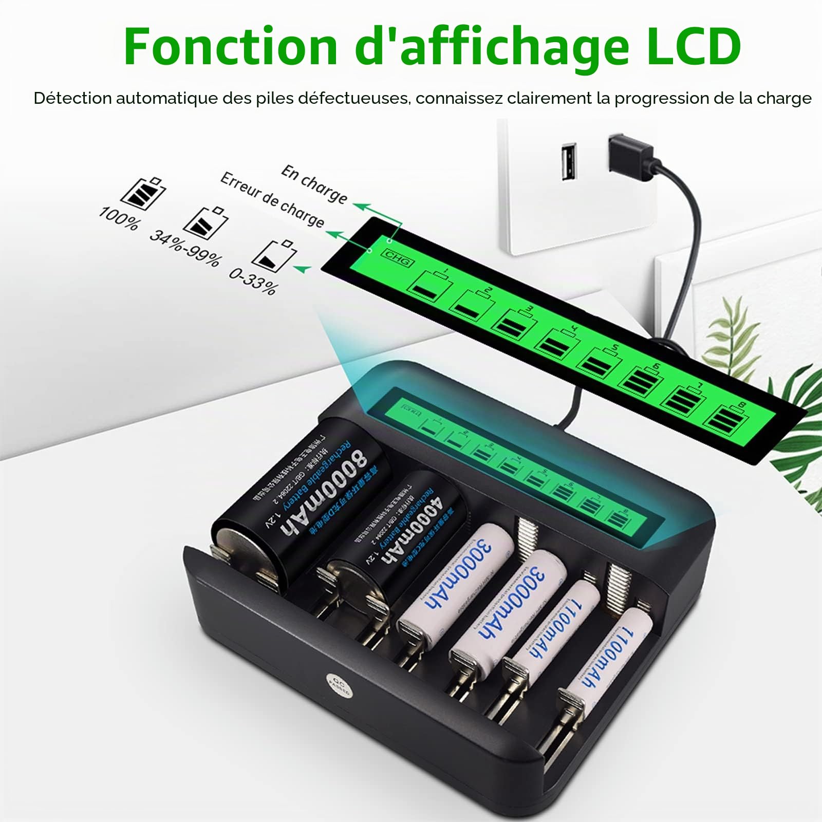 CITYORK 4pcs D Cell 8000mAh Piles Rechargeables avec 8 Fentes AA/AAA/C/D Ni-MH Chargeur de Batterie Ni-CD