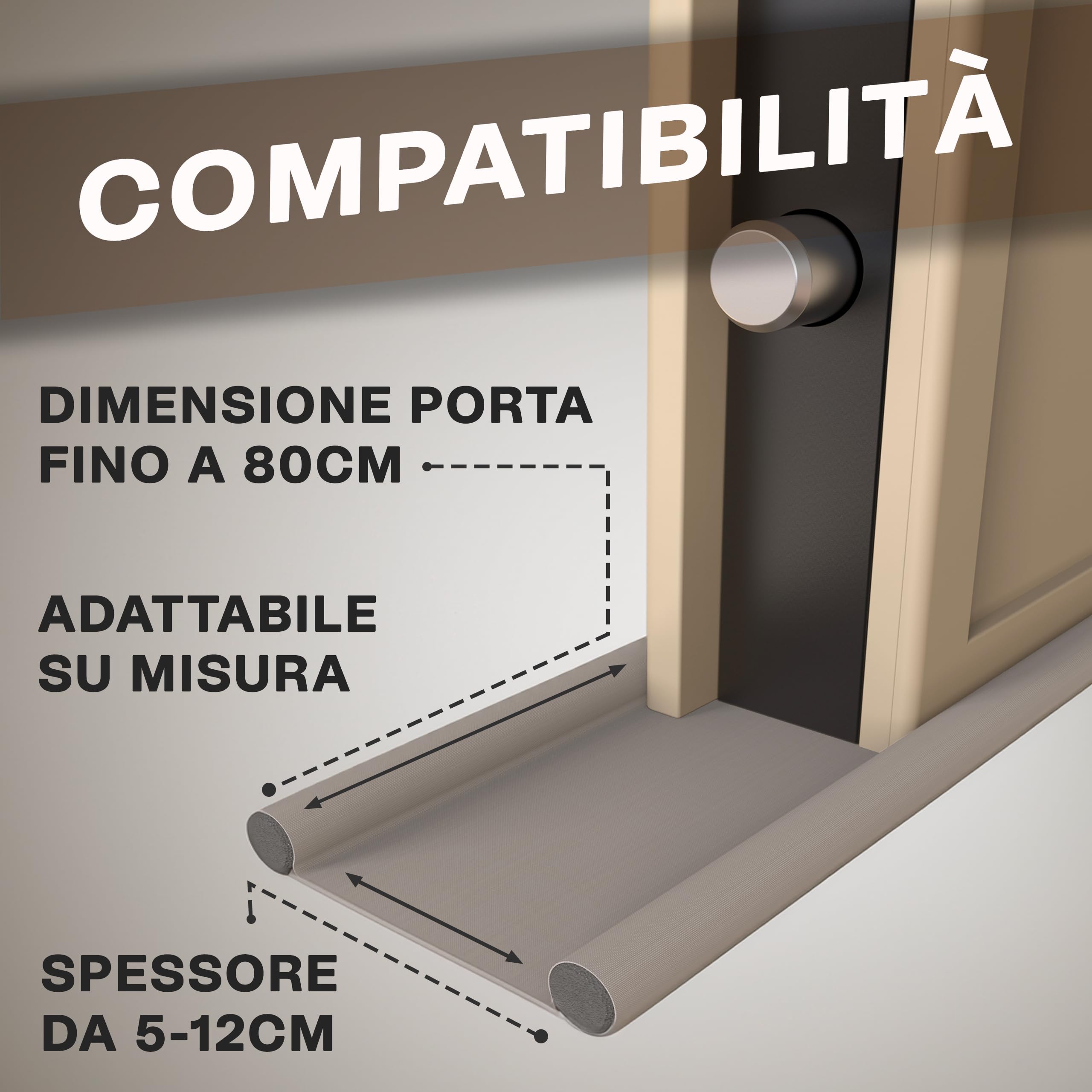 WÖRTHIT - Paraspifferi Sottoporta Impermeabile per Porte Blindate e Normali Interne ed Esterne - Si Accorcia su Misura - Protegge dal Freddo, Umidità, Acqua e dagli Insetti - Lavabile (Nero 80cm)