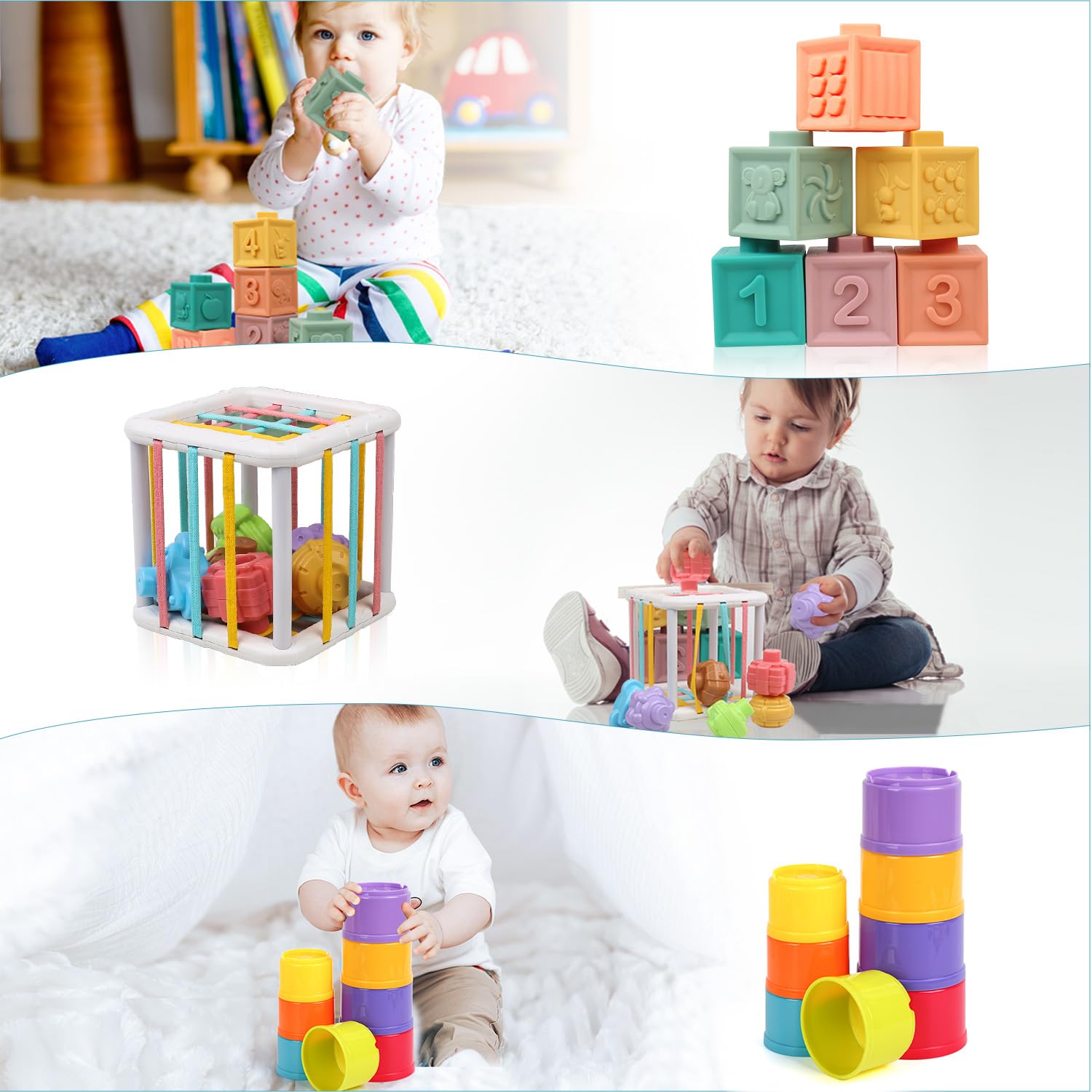 Giochi Neonato 6-9 Mesi, Giochi Montessori 8 in 1, Giocattoli Bambini Sensoriali per Neonati, Blocchi Impilabili, Libri Sensoriali Bambini, UIova da Abbinare, Giochini Regalo 3 6 9 12 Mesi 1 2 3 Anno