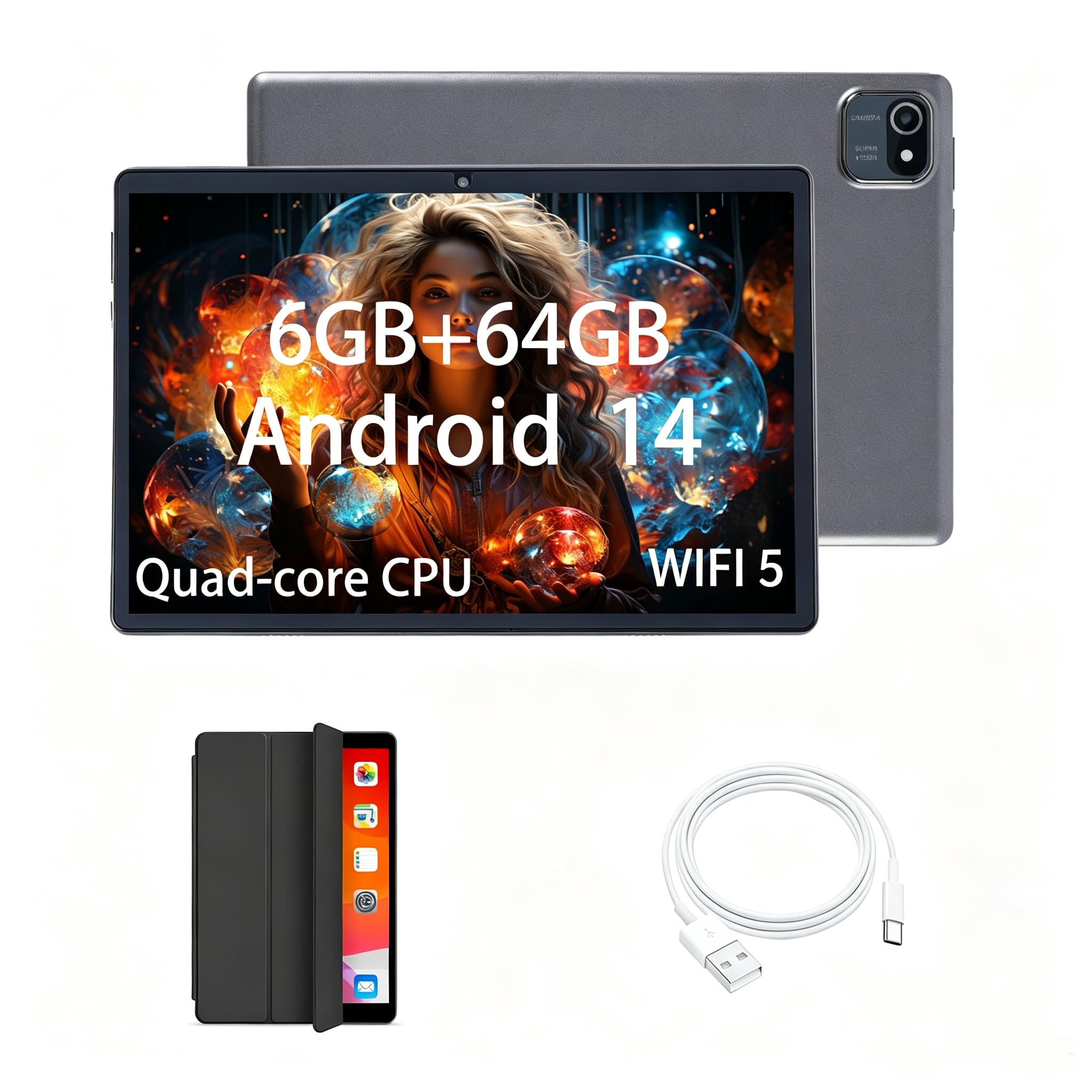 Tablette Enfant 10 Pouces Android 14 - Rebeat A5 Processeur Quad-Core 1,6 GHz, 6 Go de RAM, 64 Go de ROM Extensible jusqu'à 1 to, écran Tactile LCD HD 1280 x 800, Double caméra, Wi-FI 6.0, BT 5.0
