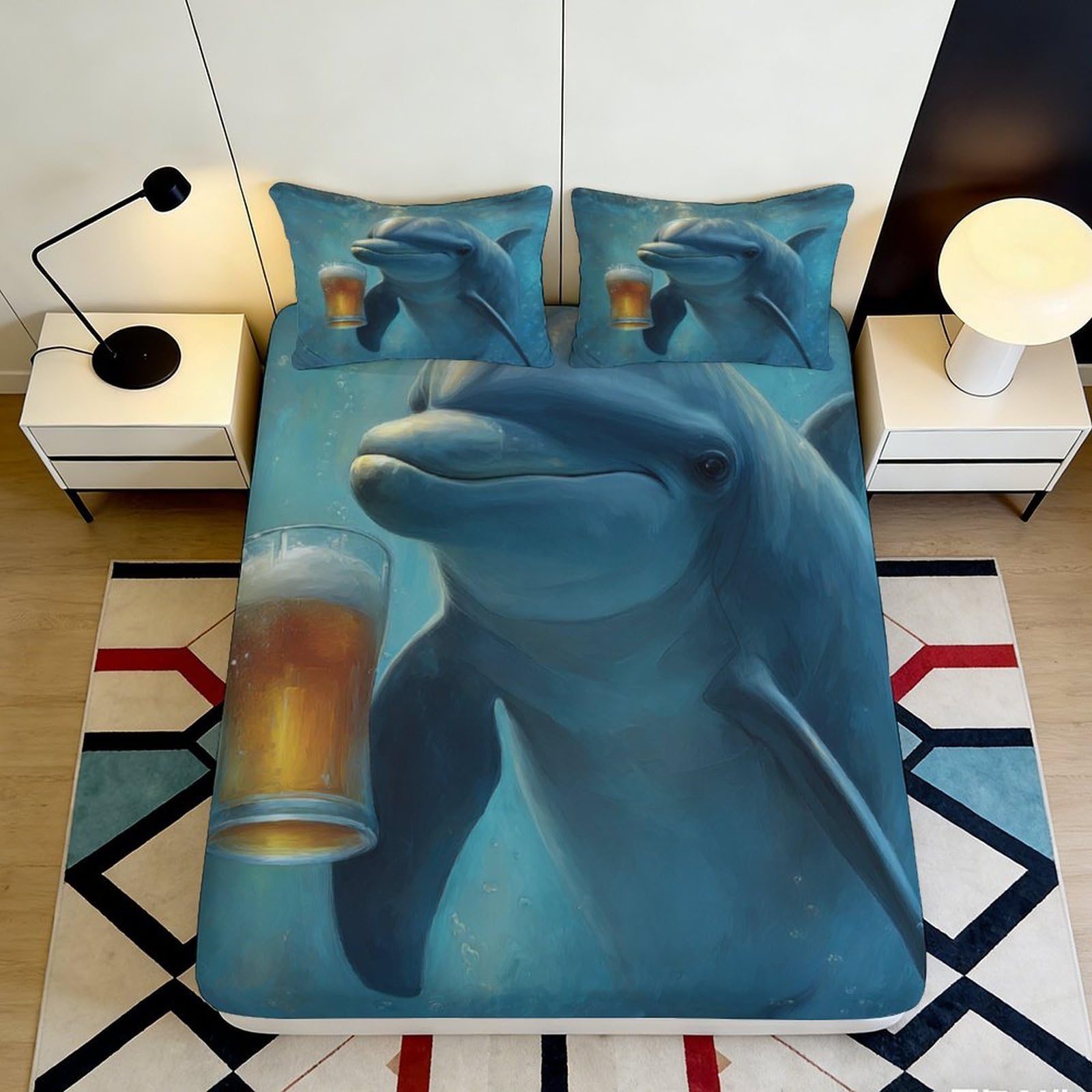 3D Printed Dolphin with Beer Fitted Sheet Microfiber Blue Bed Cover for Bedroom Dorm Mattress Protection Decor 200x200x25cm