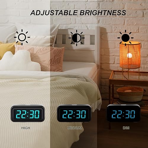 Miniatura 9 de Reloj despertador, reloj despertador digital para dormitorios, reloj a pilas, 3 brillo ajustable, pantalla de hora LED de 1.2 pulgadas, 1224 horas,