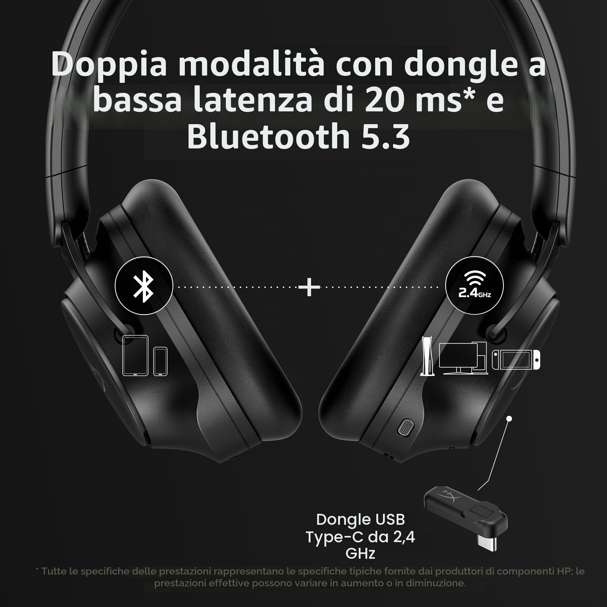 HyperX Cloud Mix 2 - Cuffie wireless con cancellazione del rumore, gioco, musica, chiamate Bluetooth 5.3 o USB-C, batteria 110h, colore: Nero