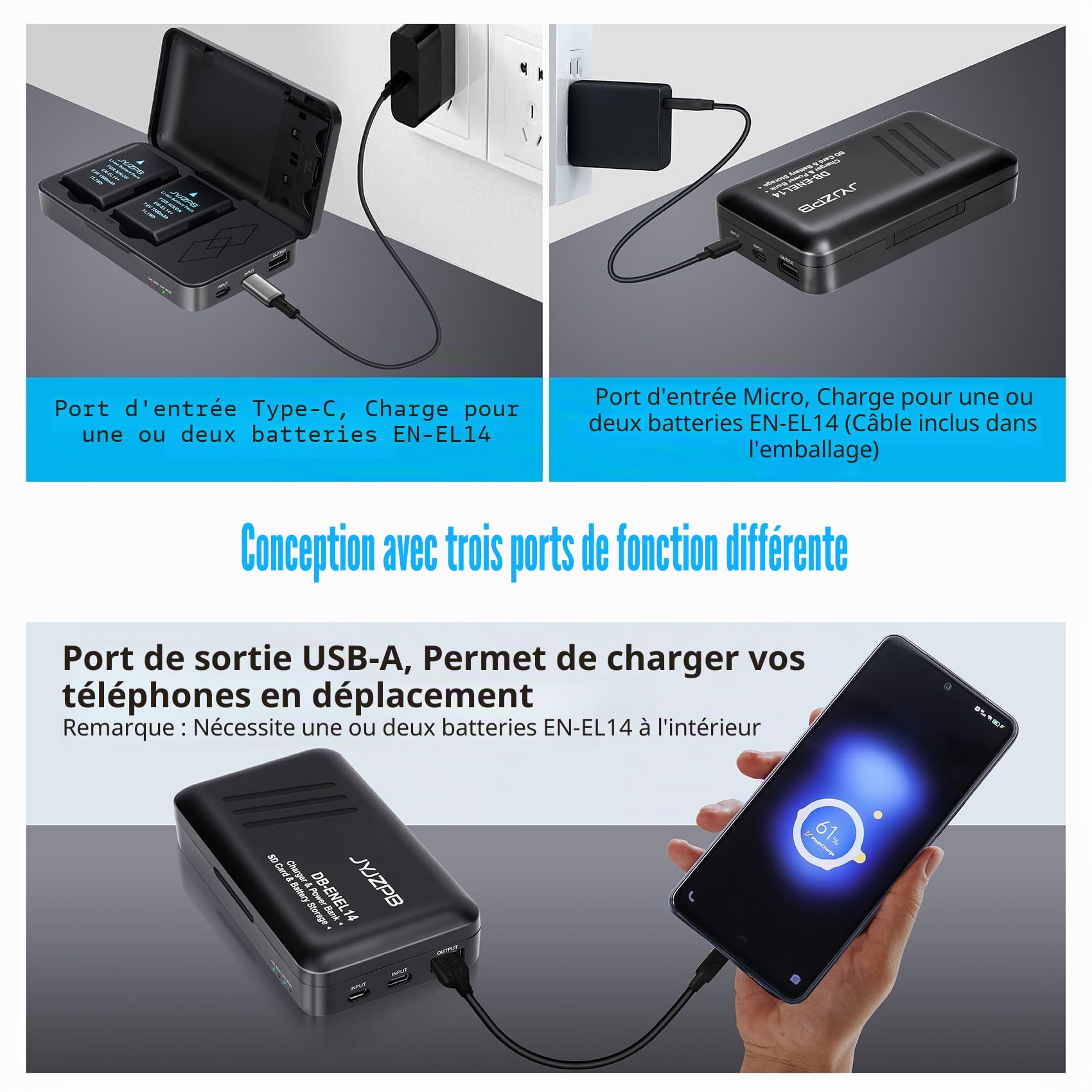 JYJZPB EN-EL14 EN-EL14A 2X Batterie et Chargeur pour Nikon D3100