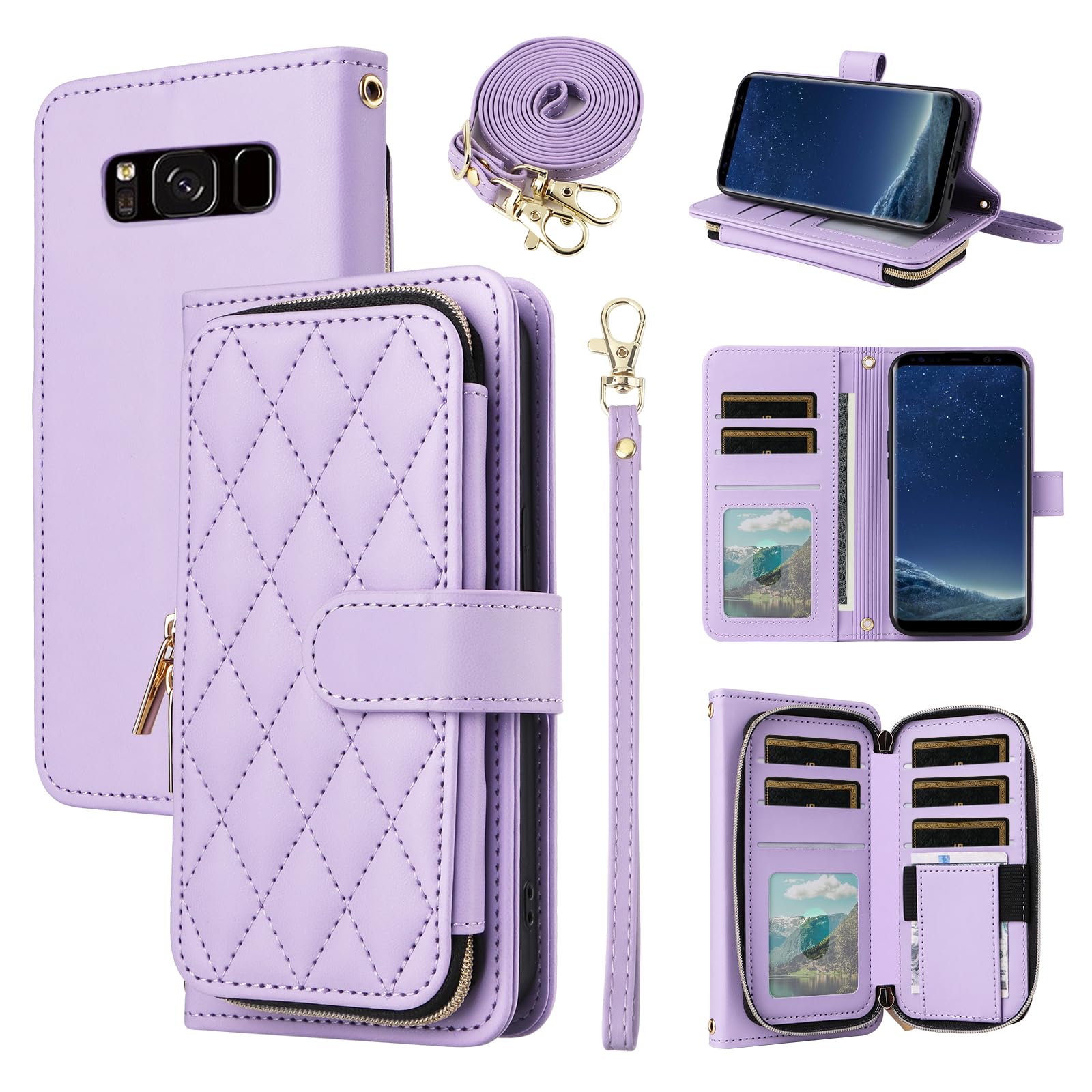 Furiet Wallet Case for Samsung Galaxy S8 with Detachable Wrist Strap, Shoulder Strap, 9+ Card Slots Zipper Purse, Luxury PU Leather Stand Cell Phone
