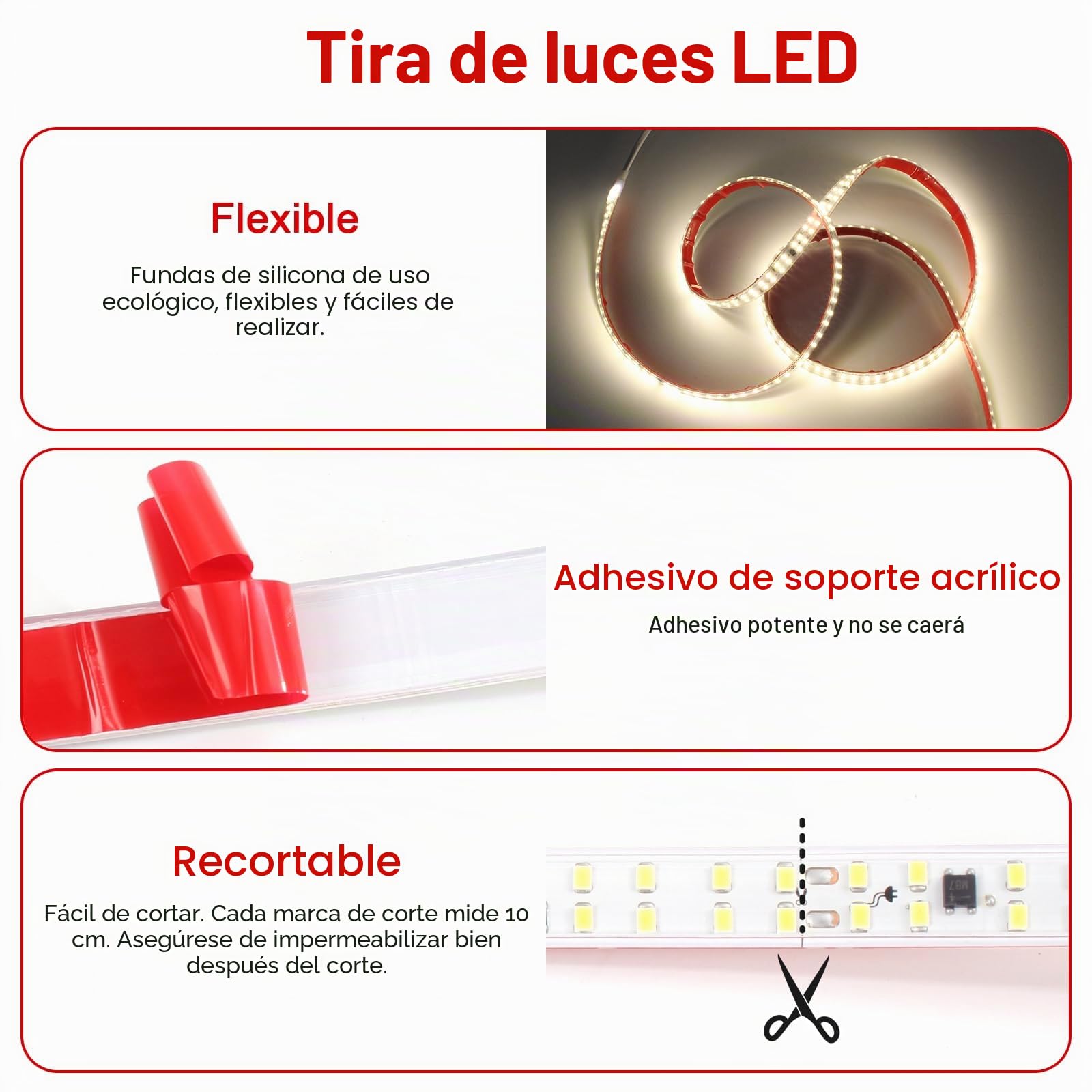 pcning 5M Tira LED 220V Corte 10 CM, Blanco 4000K IP65 Impermeable, 2835 Tiras LED Adhesivo Directa 220V Sin Transformador con Interruptor (Blanco, 5M)