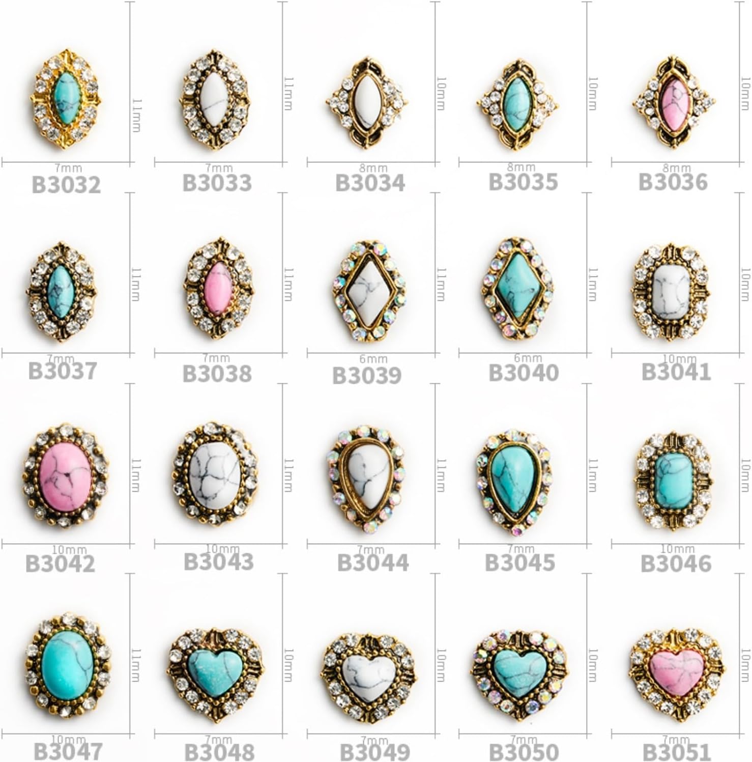 3D Turquoise Western Nail Ornament Mix Blue, White, and Pink Turquoise Charms Nail Art Gemstone Nail Art Jewelry Flower Heart Acrylic Nail Phone Case Card Women's DIY Decoration Products Home (100pcs)