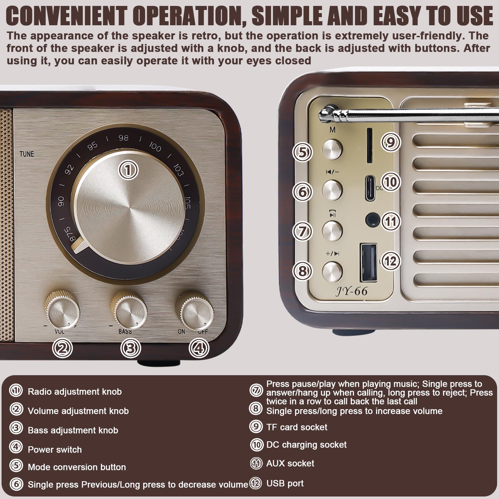 Radio retro con Bluetooth, radio nostálgico recargable con batería de 1500mAh, USB/tarjeta TF/AUX, altavoz de 5W con aspecto de madera vintage para cocina/dormitorio/oficina