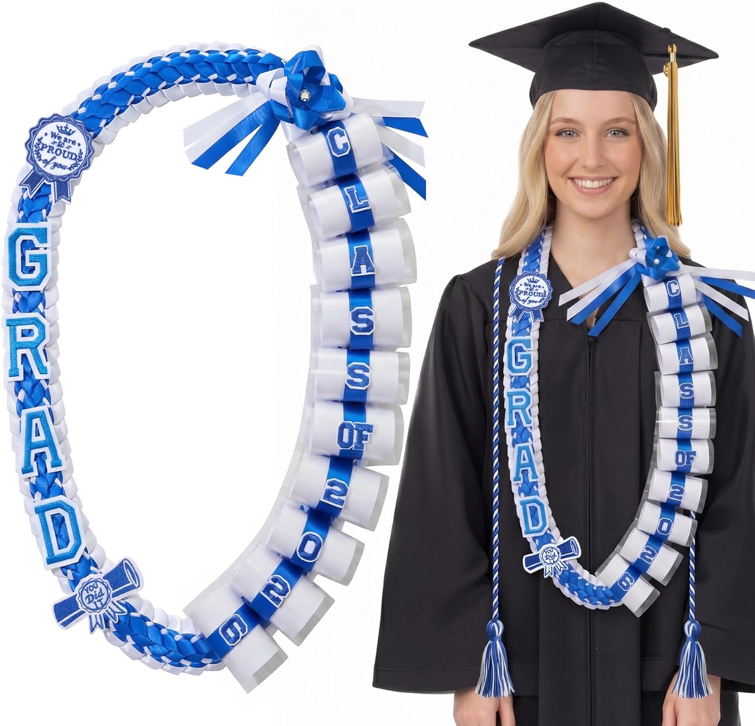 Spakon Graduation Money Lei with Cash Holder, 48 Inch Class of 2026 Graduation Lei with Honor Cord 2026 Grad Braided Ribbon Necklace for DIY Gift Women Men College Party Decorations(Blue,White)