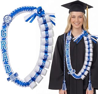 Spakon Graduation Money Lei with Cash Holder, 48 Inch Class of 2026 Graduation Lei with Honor Cord 2026 Grad Braided Ribbon Necklace for DIY Gift Women Men College Party Decorations(Blue,White)