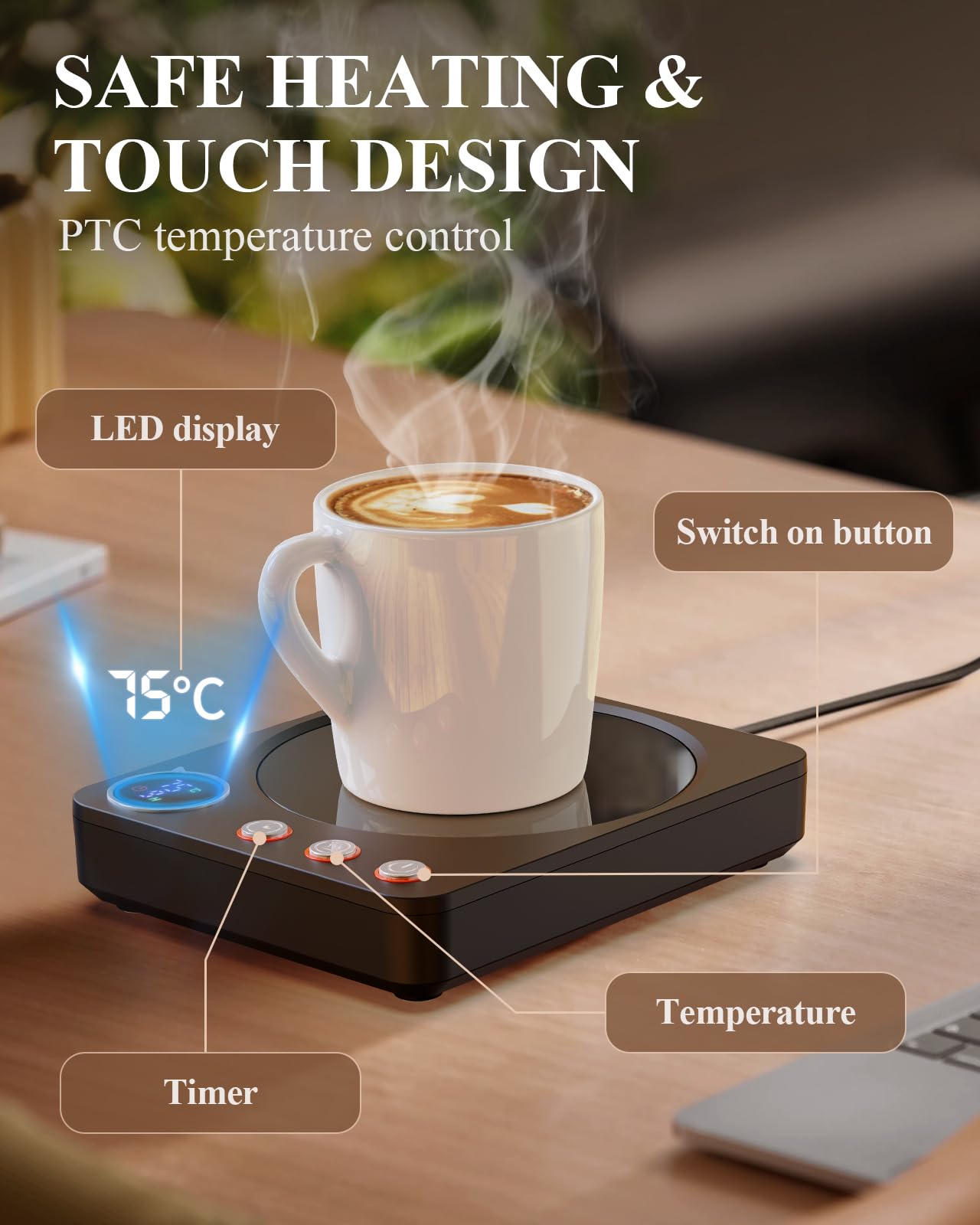 HOMEASY Calentador de Tazas, 30W para Tazas Eléctrico con 3 Configuraciones de Temperatura 4H Apagado Automático para Escritorio Agua Caliente Té Leche Calentador Regalo Negro