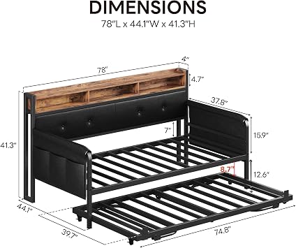 LIKIMIO Daybed with Trundle, Twin Bed Frame, Dark Black