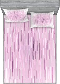 Lunarable Magenta Fitted Sheet & Pillow Sham Set, Trippy Falling Digital Lines Meteor Shower Cyber Technology Backgrounded Artwork, Decorative Printed 3 Piece Bedding Decor Set, Calking, Pink White