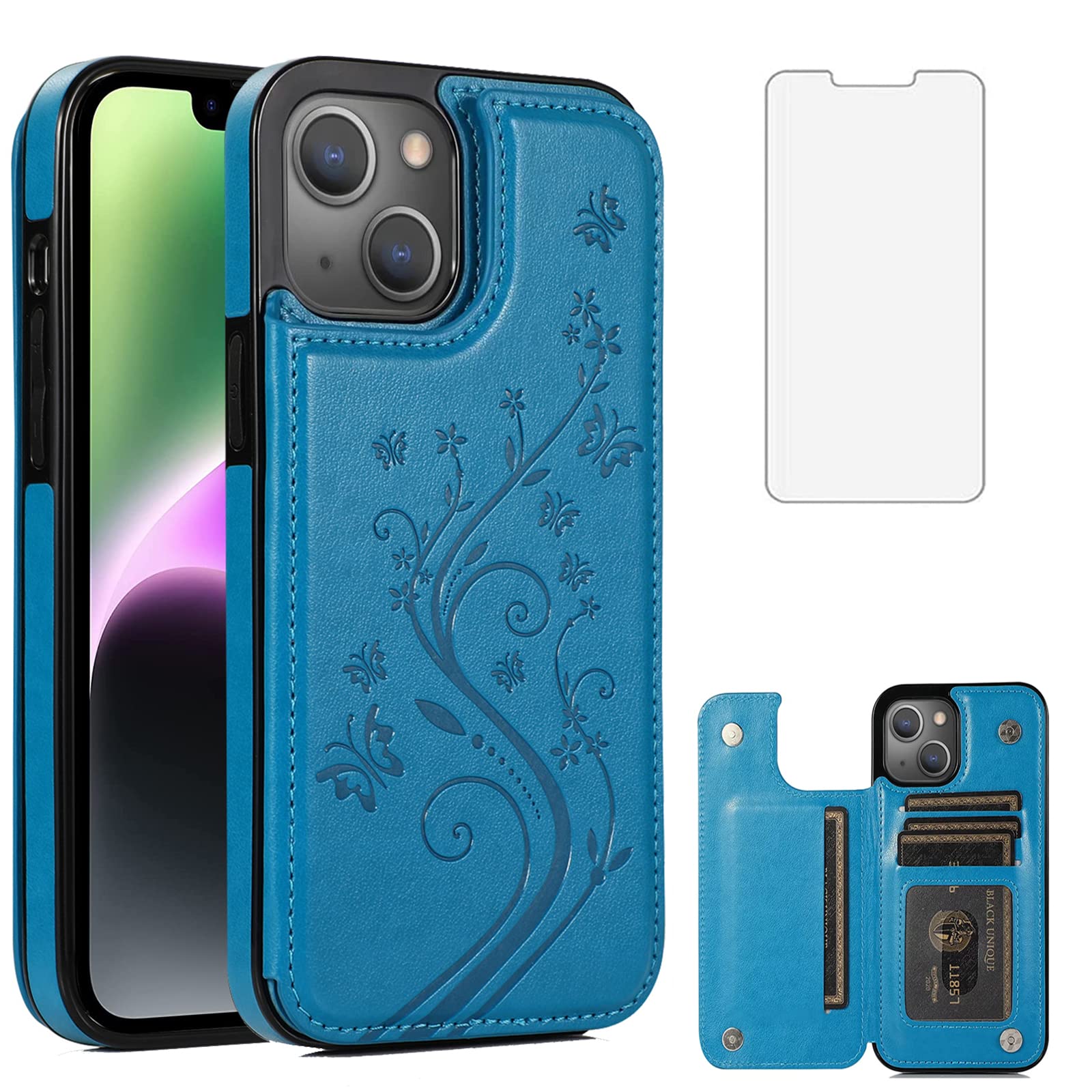 Phone Case for iPhone 14 6.1 inch with Tempered Glass Screen Protector and Card Holder Wallet Cover Stand Flip Leather Cell Accessories iPhone14 5G i