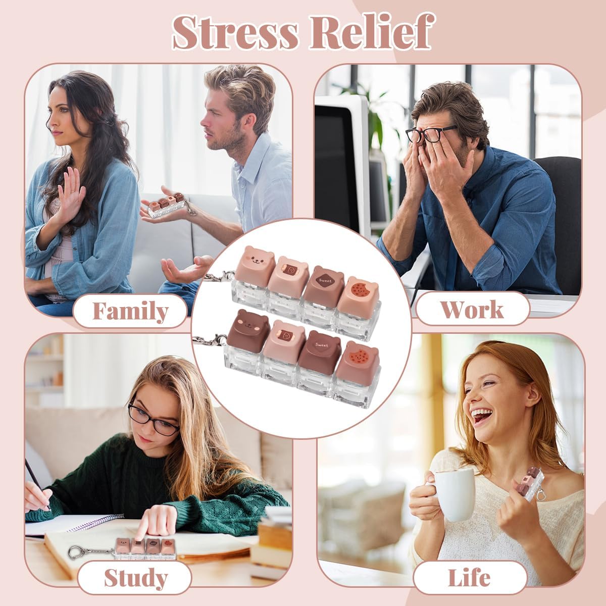 2 Pcs Keyboard Fidget Toys for Adults, Cute Bear Fidget Keyboard Clicker Keychain Brown Button Finger Clicker Toy for Anxiety ADHD Stress Relief Gift (Brown Coffee)