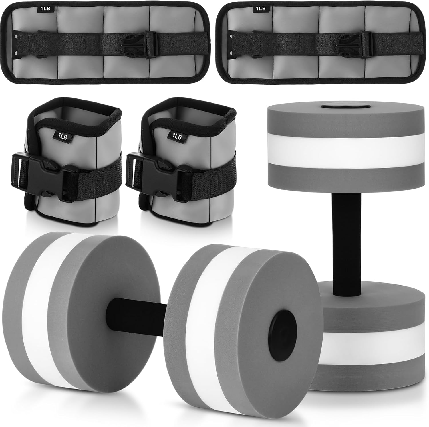 Hollowfly Water Aerobics Set, 4 Piece Pool Exercise Kit (2 Aquatic Dumbbells + 2 Ankle/wrist Weights), EVA Foam, Low-impact Workout