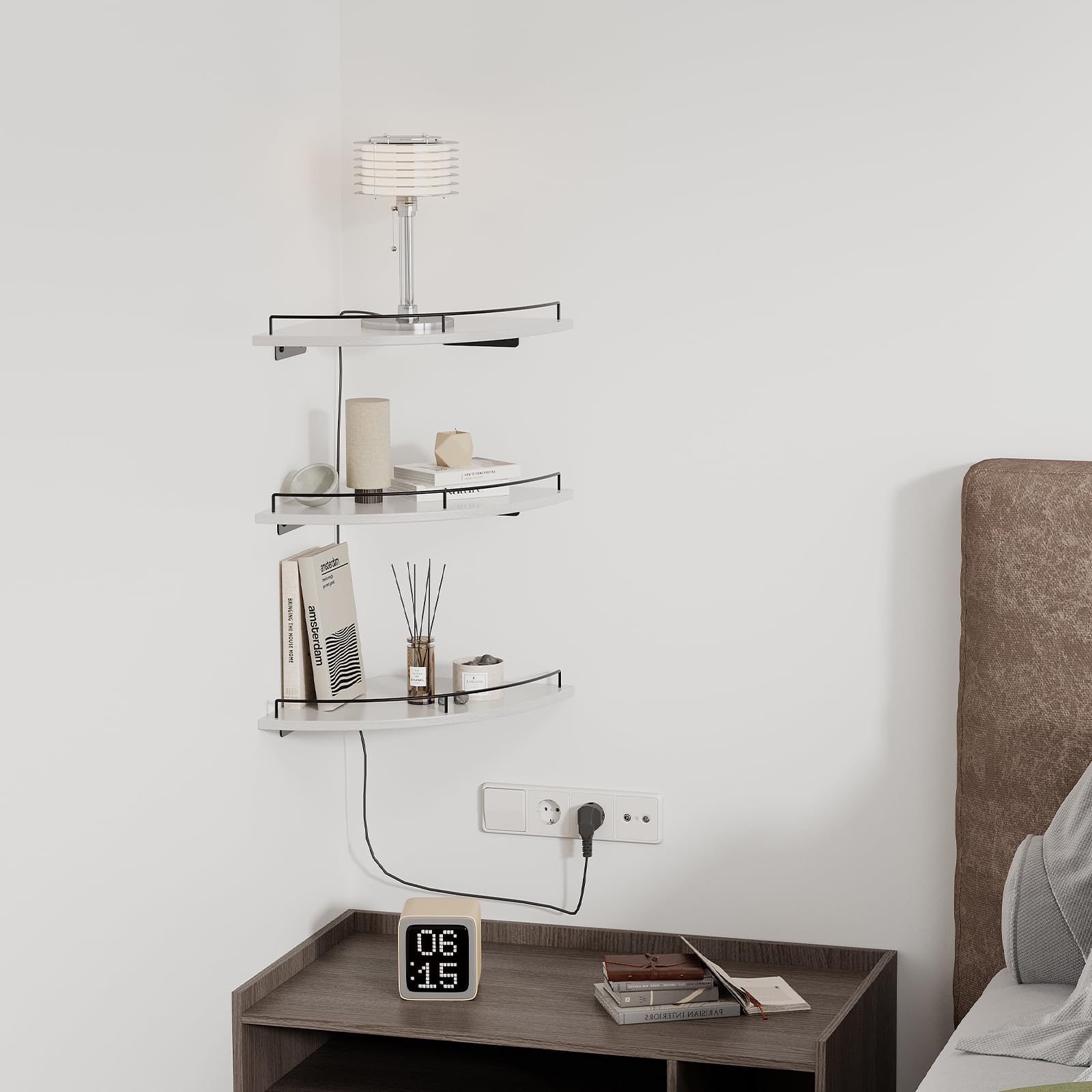 JJL Eckregal zur Wandmontage, 30 cm, 3-stöckiges schwebendes Eckregal, fächerförmig, rustikales Holzdekor mit Zaun, weiße schwebende Regale für Wohnung, Schlafzimmer, Küche, Badezimmer