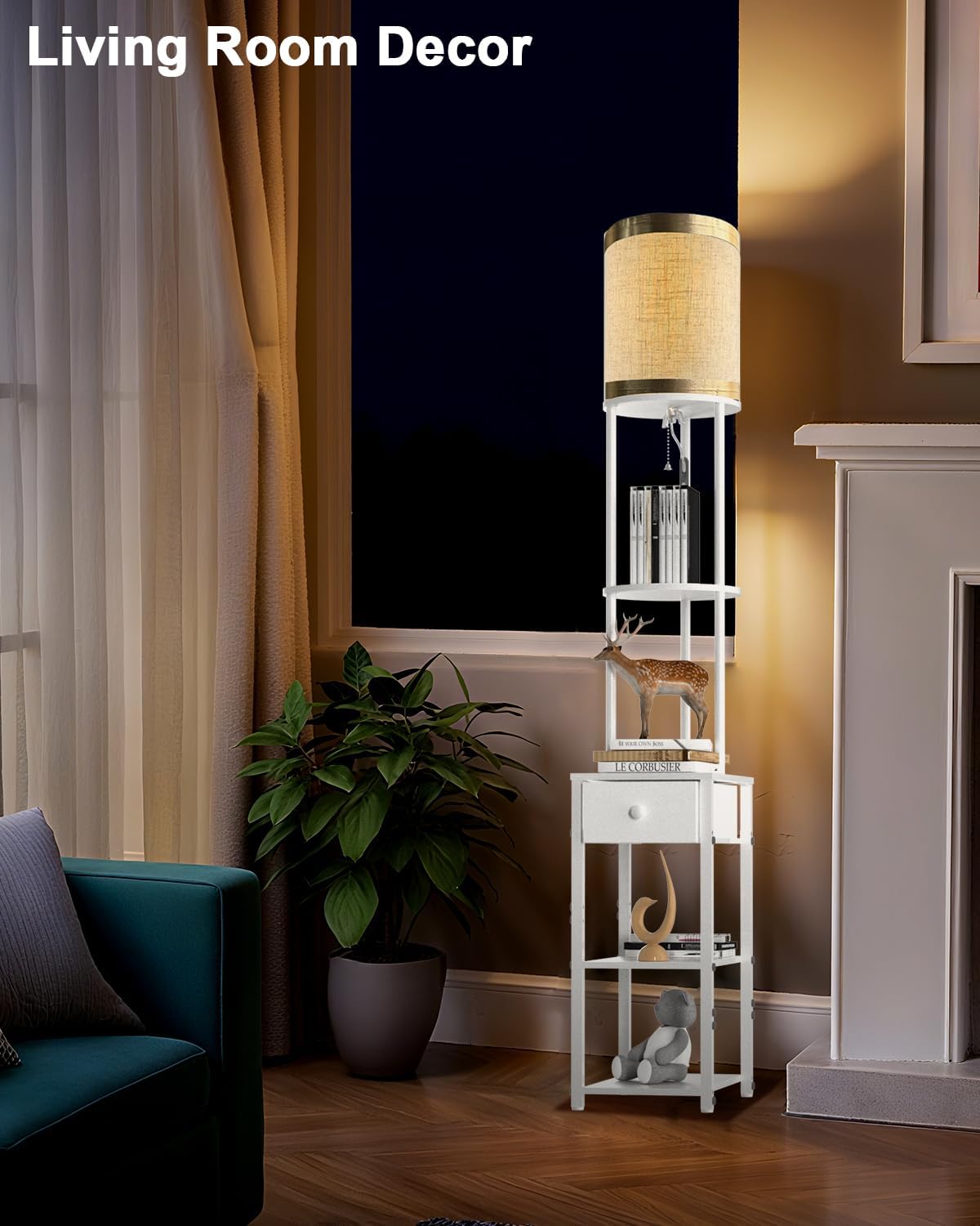 Lightdot 65IN Floor Lamps with Storage Table&Drawer, Corner Shelf Lamps with White End Table and Fabric Shade, Modern Standing Tall Lamp for Living Room/Bedroom/Sofa Beside/Corner Decor(Bulb Included)