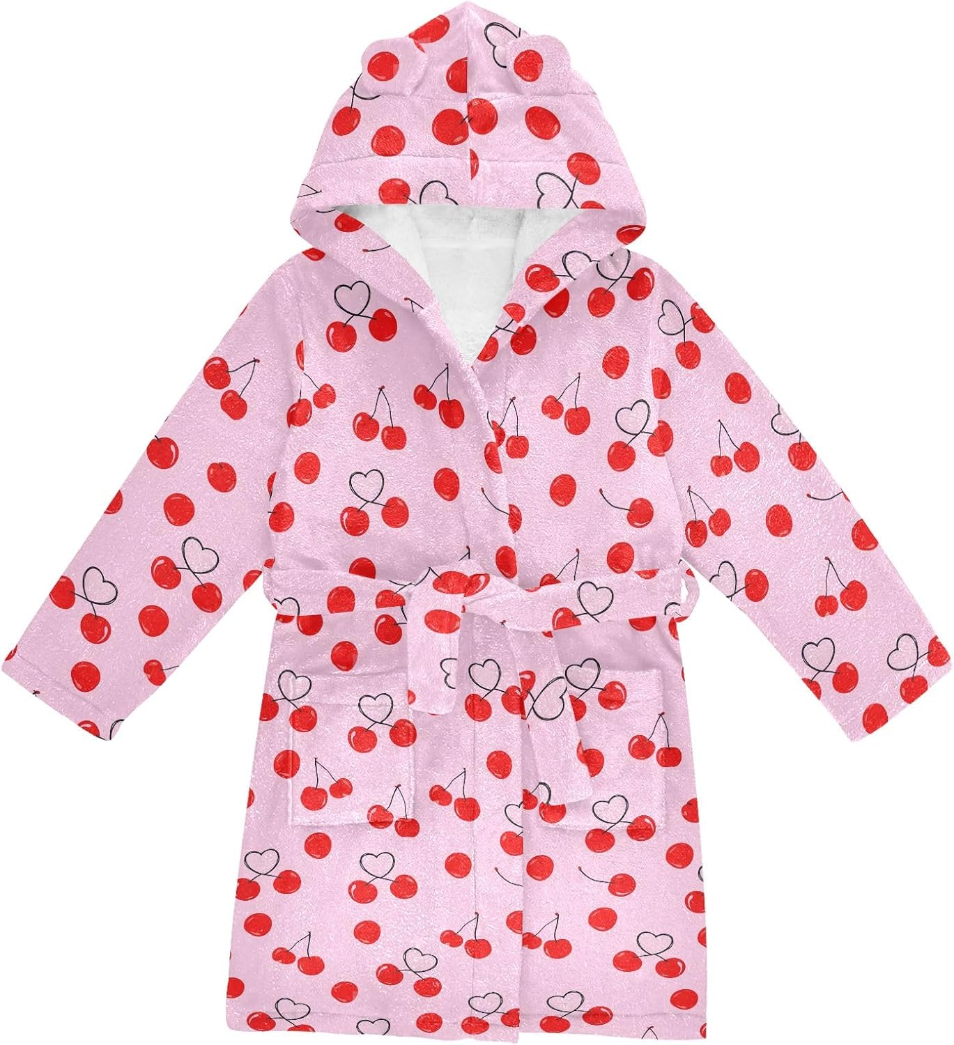 Simple Heart Shaped Cherry Toddler Hooded Bathrobe for Boys Girls Soft Plush Bath Towel Robe 2-12 Years