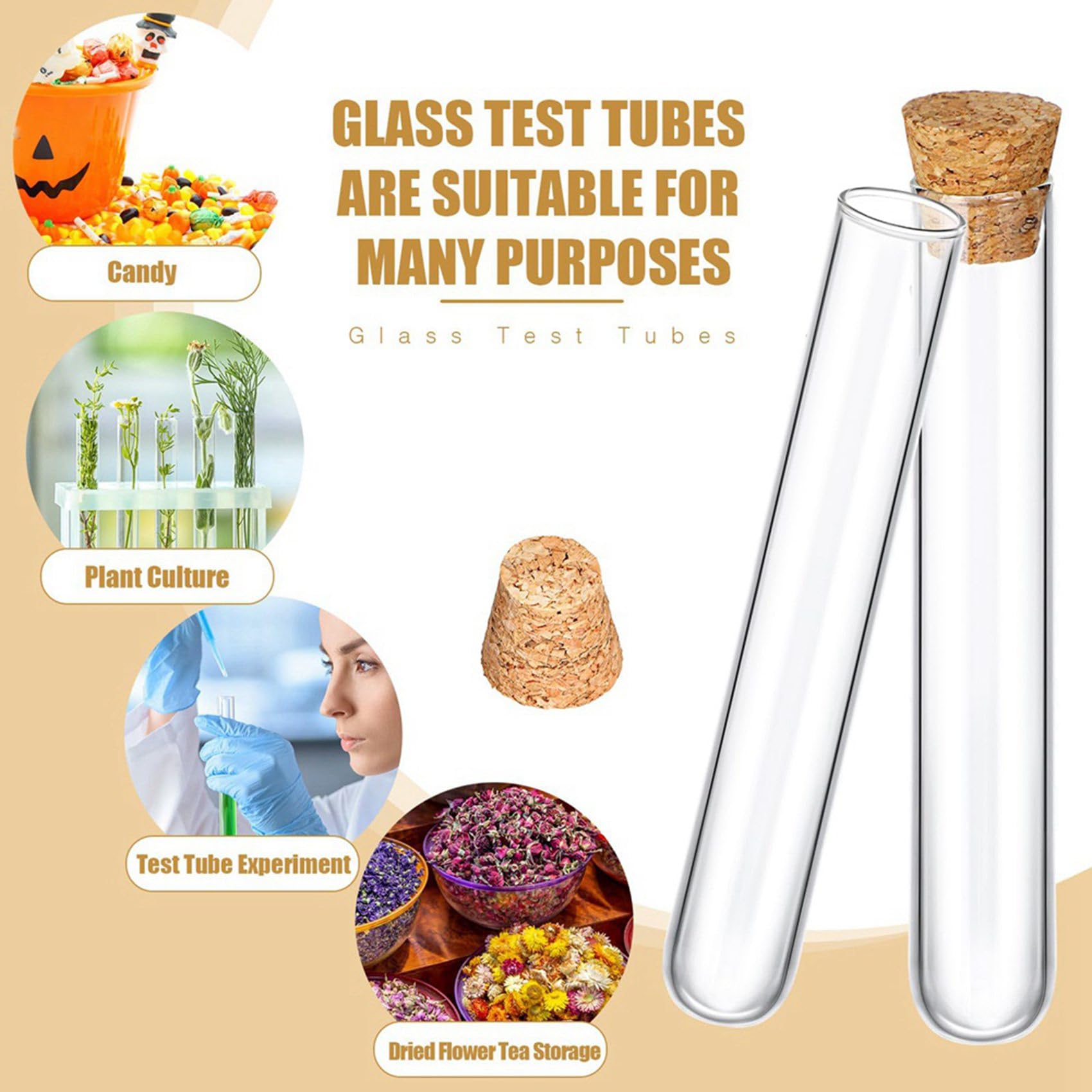 200 Tubos de Ensayo de Vidrio con Tapones Transparentes de Corcho, Contenedor de Tubos de Tampones de Alcohol para Prueba de Laboratorio de Fondo Redondo (15X100 Mm/13 Ml)