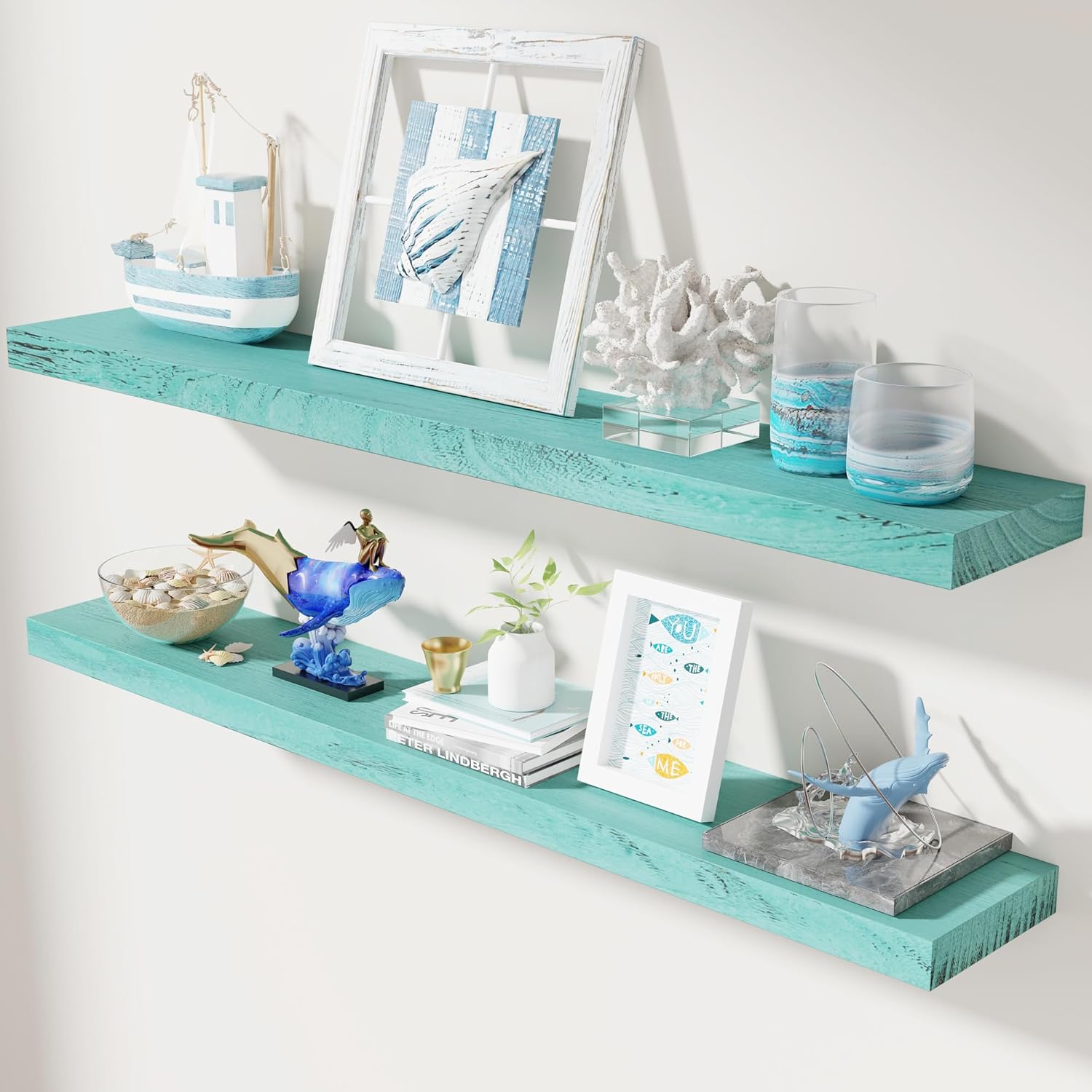 Wood Floating Shelves, 48 Inch Floating Shelf Set of 2, Rustic Blue
