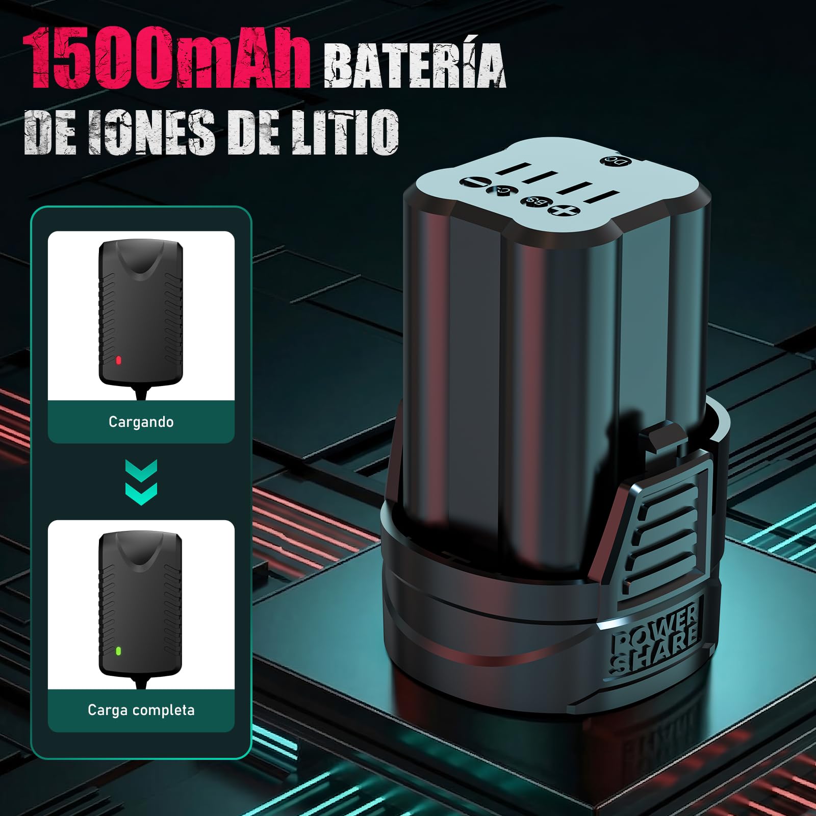 HYCHIKA Taladro atornillador batería, motor sin escobillas, 45Nm Máx, con 23+1 de par de giro, 2 velocidades, 1500mAh 53 accesorios Adecuado para atornillar, taladrar en madera, plástico, metal