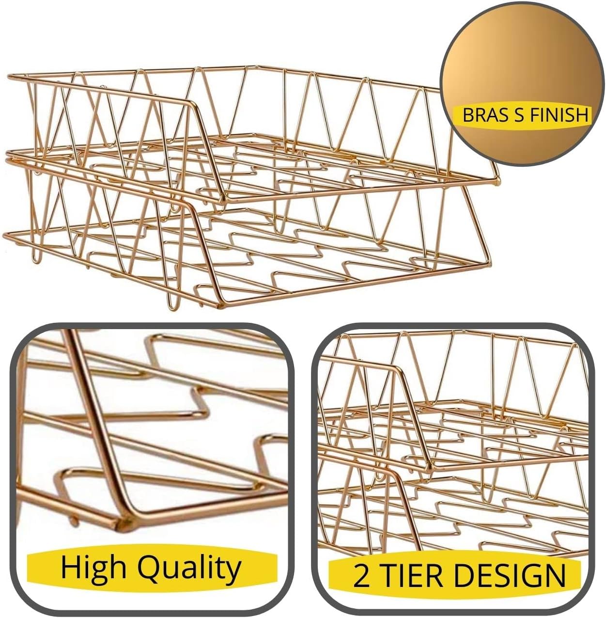 Performore 11x17 Stackable Metal Paper Tray Organizer, 2-Tier Wire Desk Trays for Office & Home, Gold File Holder for Documents, Mail, Folders & Tabloid-Size Paper