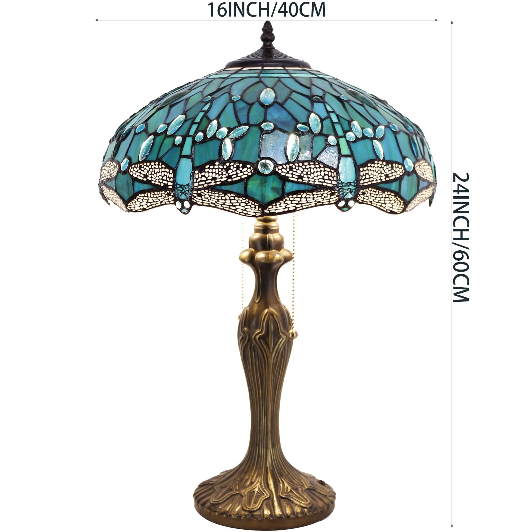 WERFACTORY Tiffany Table Lamp Green Stained Glass Dragonfly Bedside Lamp 16X16X24 Inches Desk Reading Light Metal Base Decor — view 6