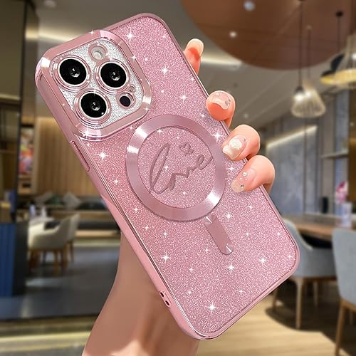 Miniatura 4 de Funda magnética compatible con iPhone 15 Pro Max, para mujeres y niñas, suave, linda, de lujo, con diseño de corazón chapado en purpurina,