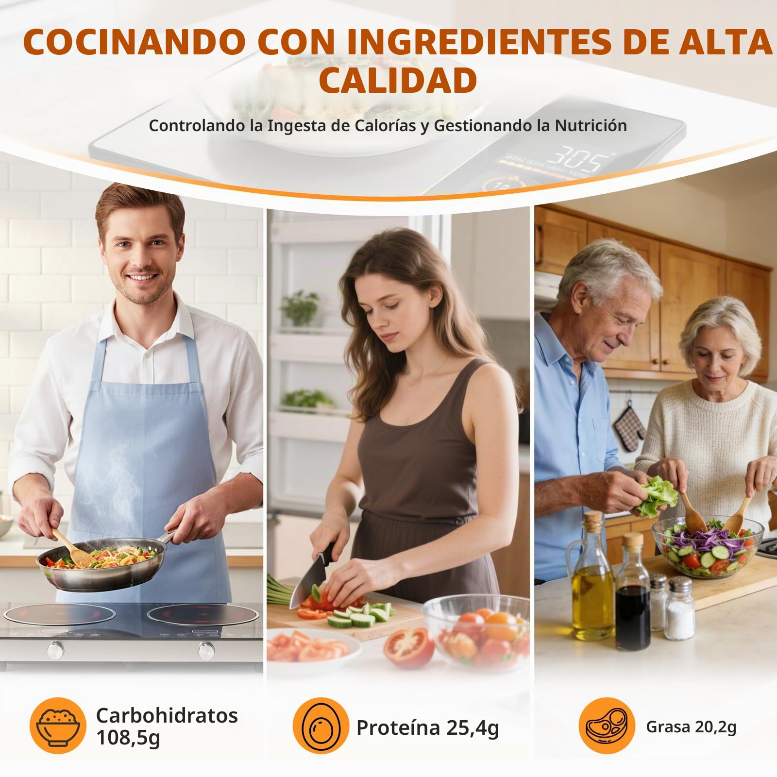 Báscula de cocina, báscula nutricional inteligente con cálculo nutricional, báscula de cocina inteligente con 24 análisis nutricionales, báscula de cocina con aplicación gratuita y Bluetooth, admite
