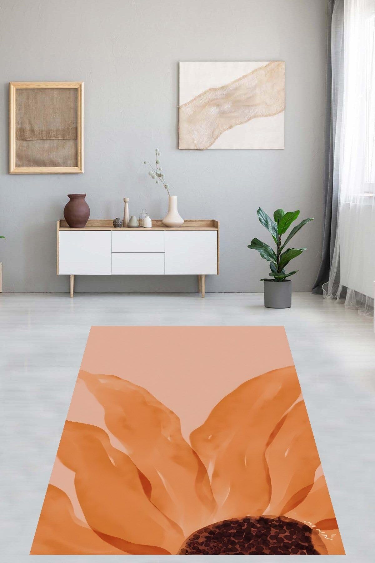 Pelangi Minimalist Çiçek Desen Modern Kaymaz Taban Leke Tutmaz Salon Halısı, Turuncu 100 x 400, 764707210040005