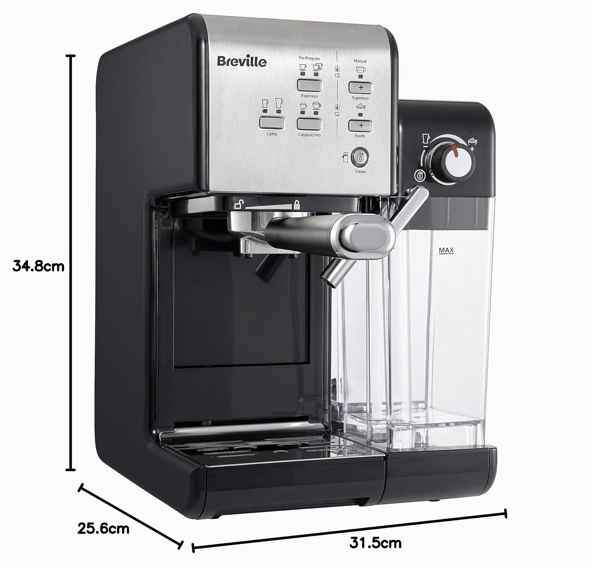 Breville Prima Latte II Espresso, Macchina per latte e cappuccino, Pompa professionale da 15 bar e montalatte, Argento VCF108X
