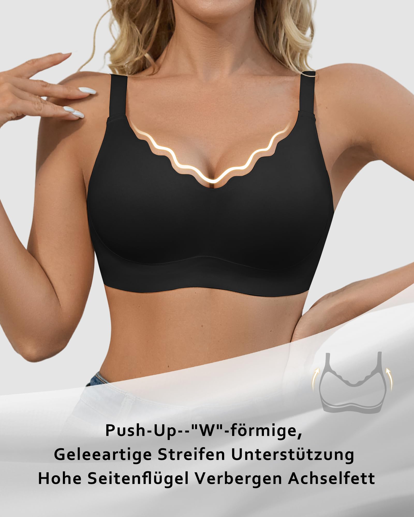 SHARICCA BH Damen Ohne Bügel - Nahtloser V Ausschnitt Gewellte Ränder Push Up BH Soft Atmungsaktiv Seamless Bustier Mit BH-Verlängerung